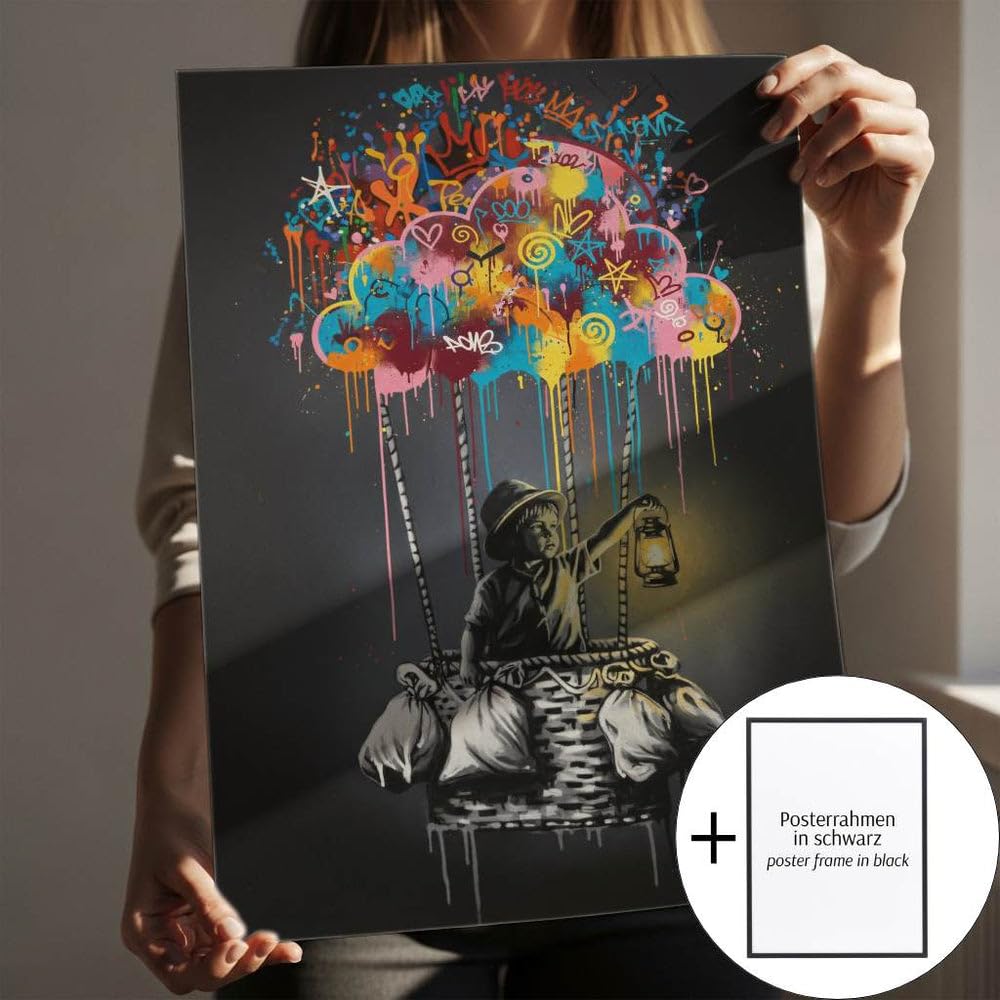 CANVEO Banksy Bilder Leinwand | Graffiti Poster Banksy Leinwand | Bild Wohnzimmer groß | Bild Schlafzimmer über Bett | Wandbilder modern mit Rahmen | xxl Bilder Flur Wanddeko