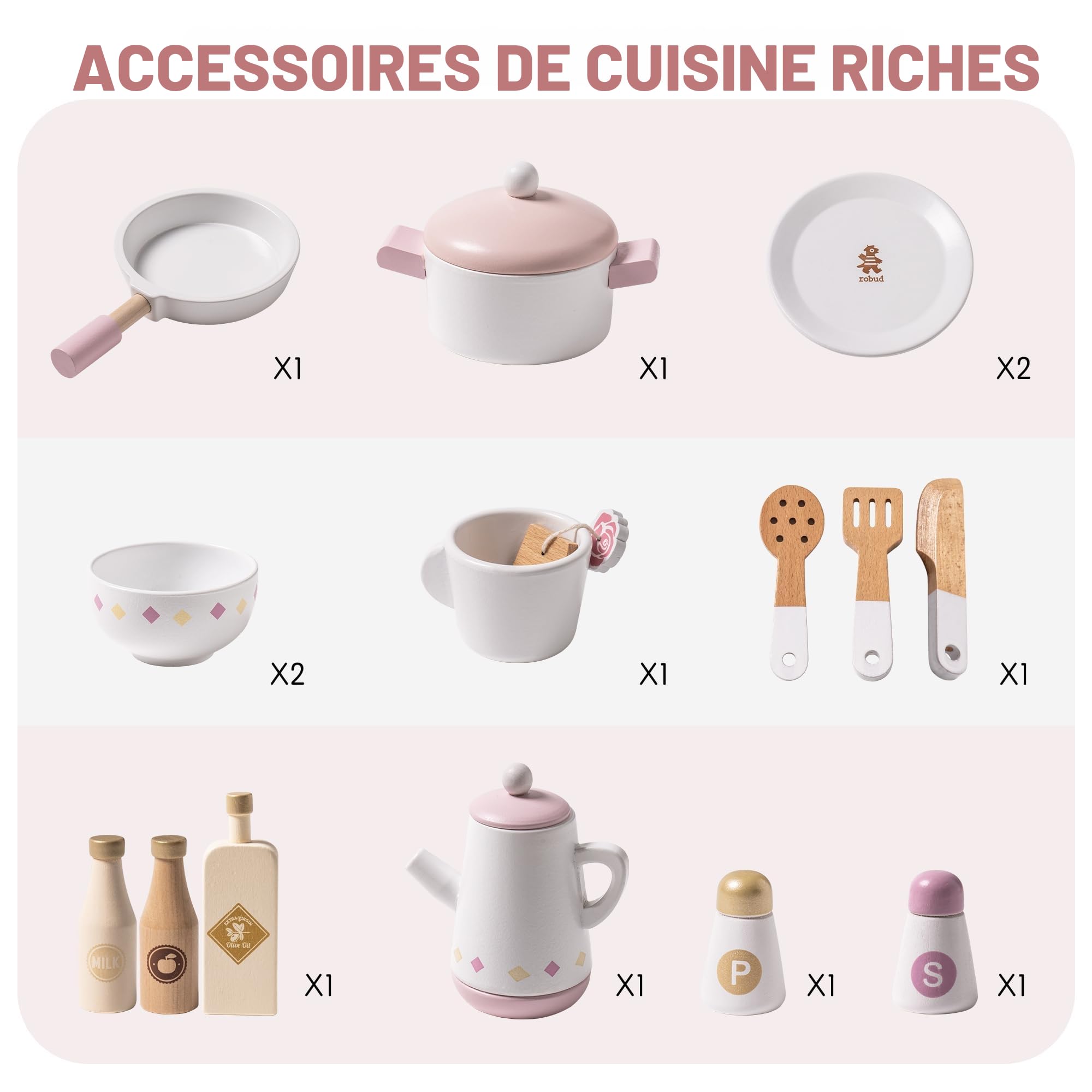 ROBUD Cuisine de Jeu pour Enfants et Tout-Petits, Cuisine de Jeu en Bois avec Accessoires réalistes, Ensemble de Cuisine Jouet avec Beaucoup de fonctionnalités de Jeu, Cuisine Jouet de Style Moderne