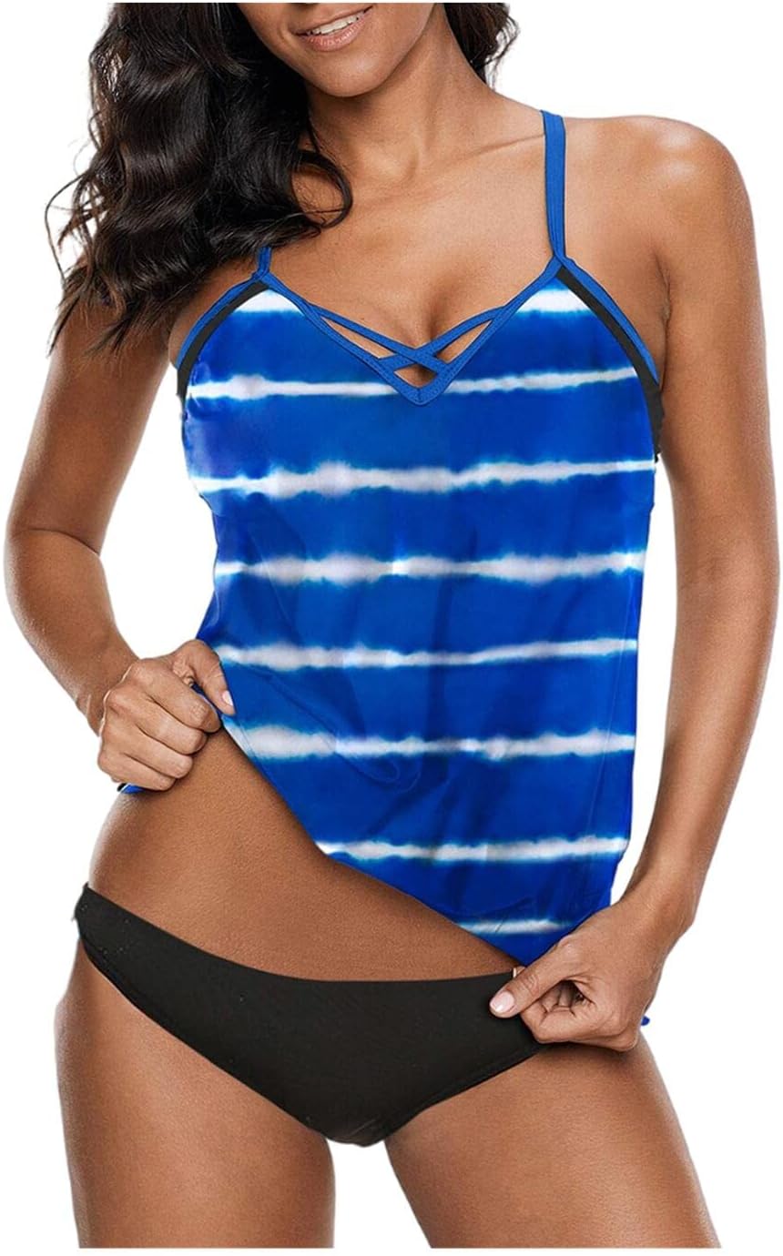 Meufam Women Tankini Swimsuits Two Piece Bathing Suits Stripe Print Tank Top with Shorts Tummy Control Swimming Suits