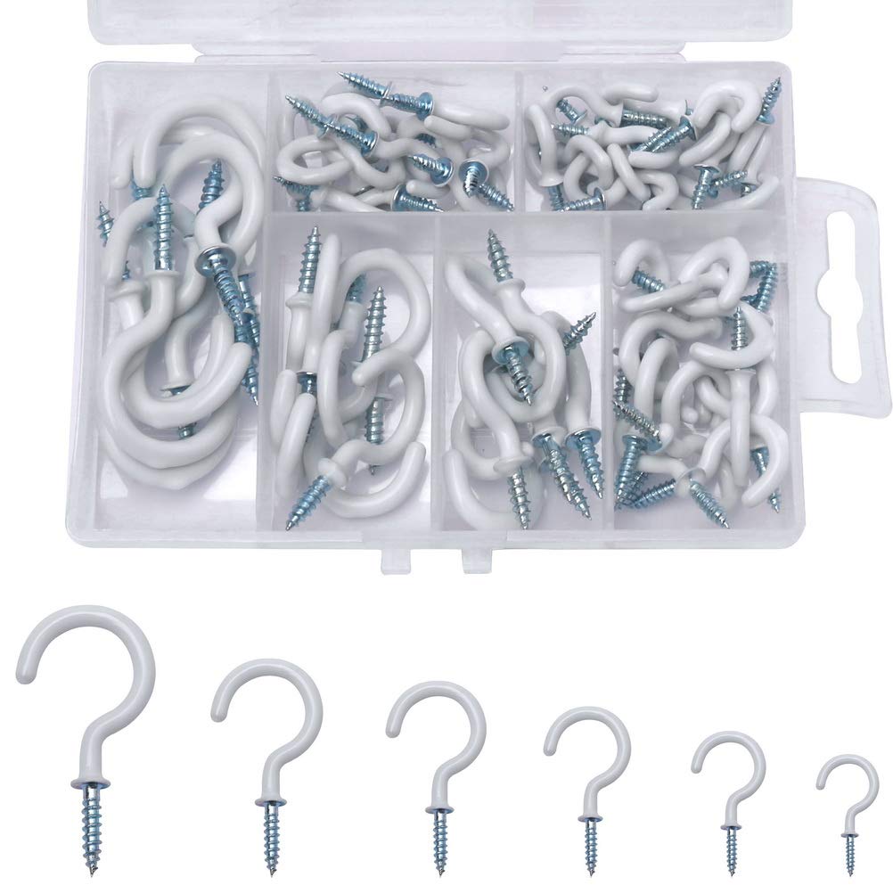 70 Pcs White Mug Cup Hooks, Screw Hooks Cup Hooks Multi Size Steel Screw Hooks Under Ceiling Hooks for Hanging Screw-in Ceiling Hooks with Storage Box for Home Office & Outdoor use