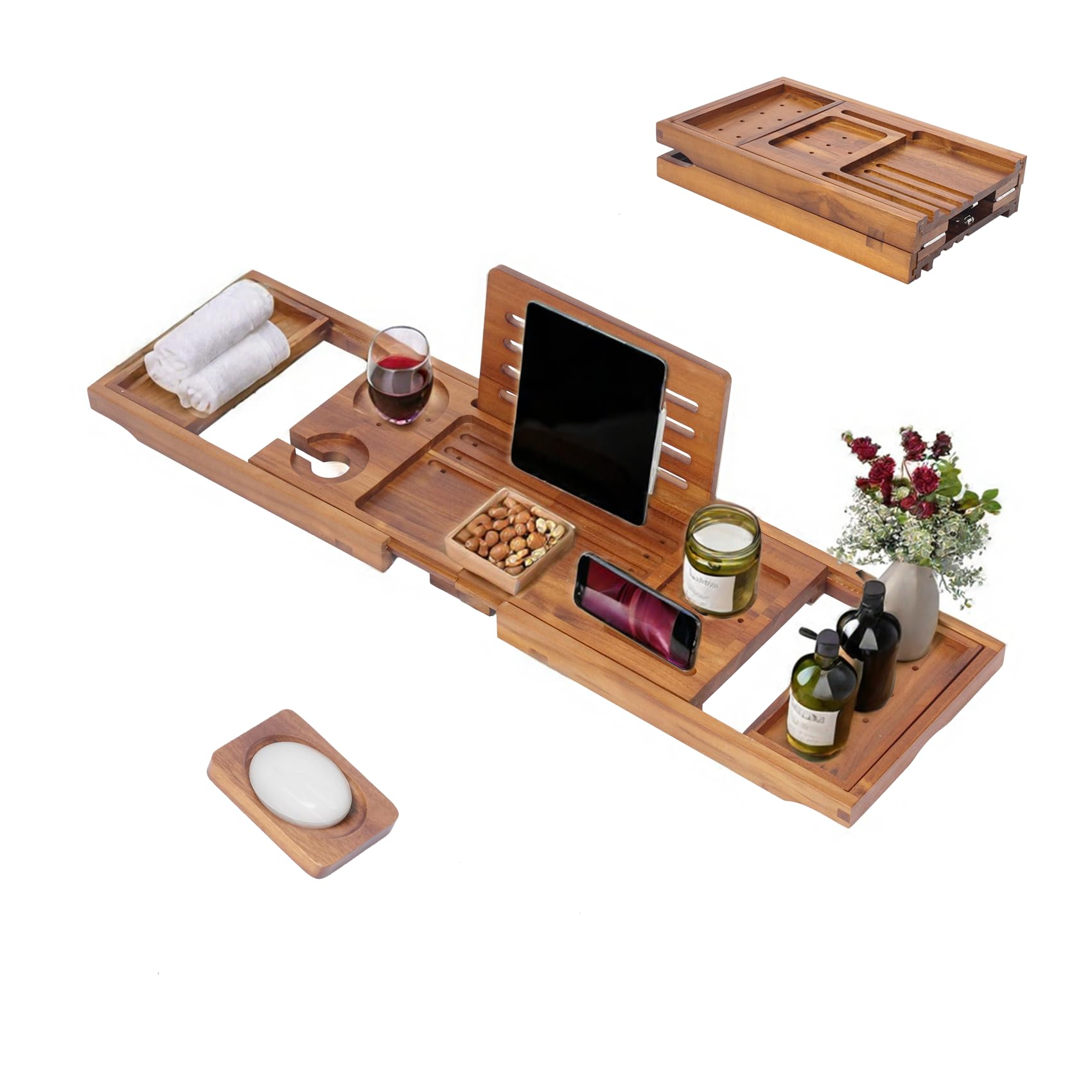 Premium Foldable Teak Bathtub Tray, Expandable Bath Tray for Tub, Luxury Bathtub & Bathroom Accessories