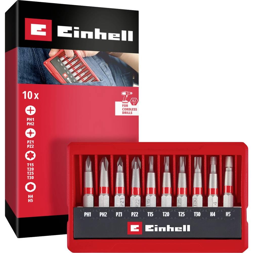 Juego de brocas originales Einhell de 10 piezas (brocas de 50 mm PH/PZ/T/H, acero S2 arenado, vástago E 6.3, casete de bolsillo con función de configuración)