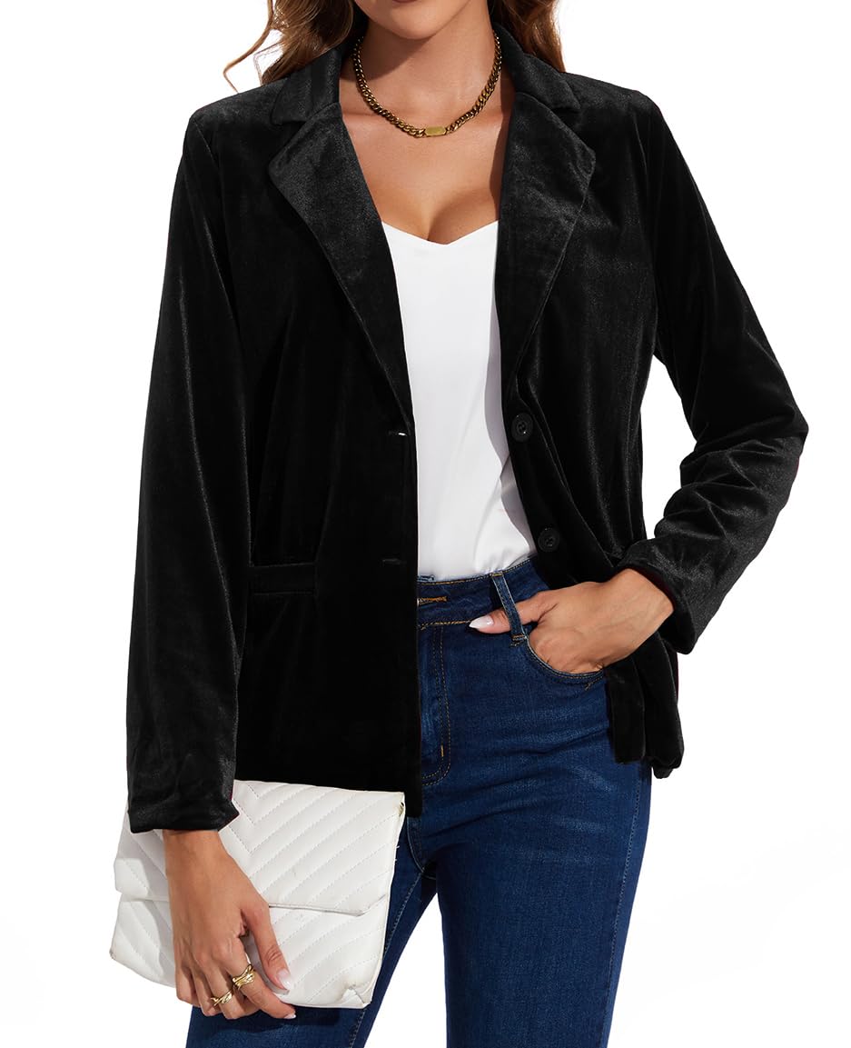 MINTLIMIT Velvet Blazers for Women Notched Lapel Long Sleeve Lapel Button Suit Blazer for Bussiness Casual XL Black