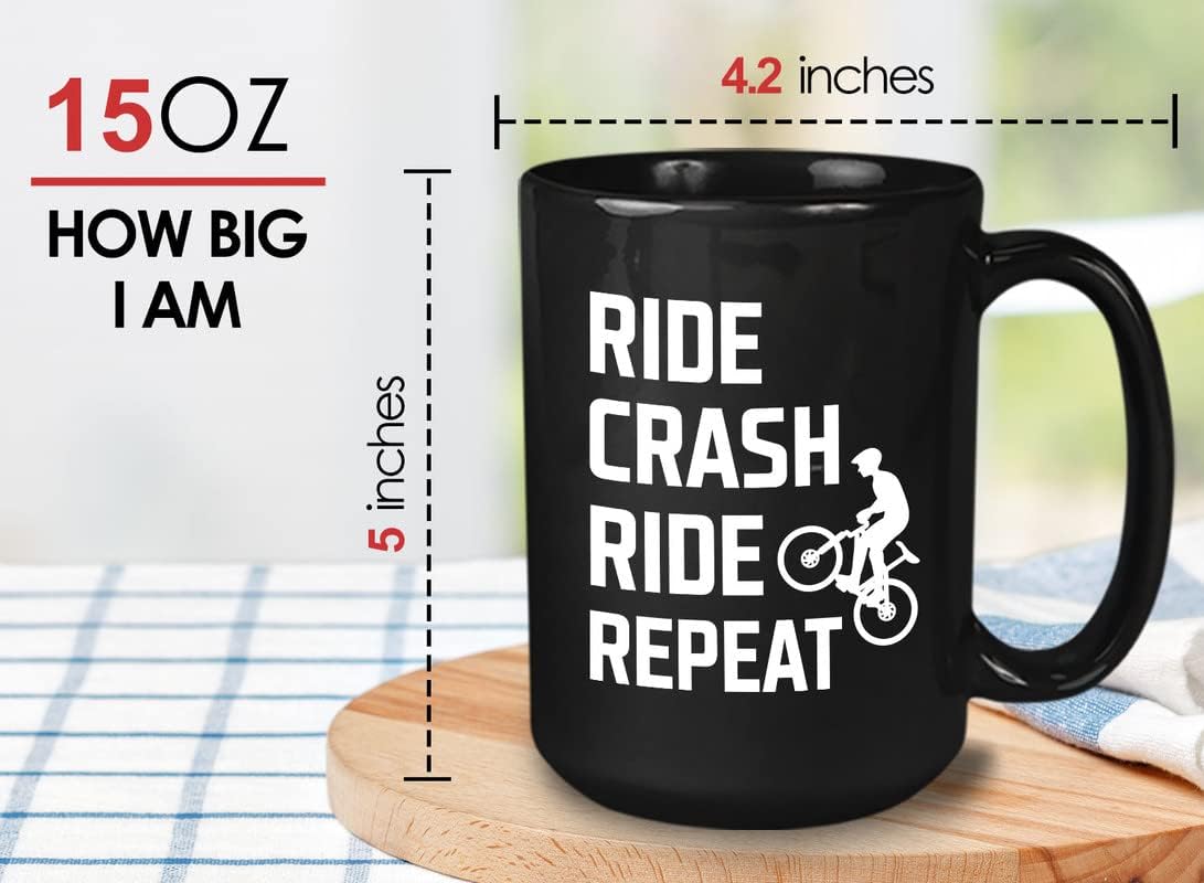 Mountain Bike Coffee Mug 15oz Black - Ride Crash Ride Repeat - Dirt Bike Bicycle Road Bike Cycling Mountain Novelty Bikers Bike Lovers