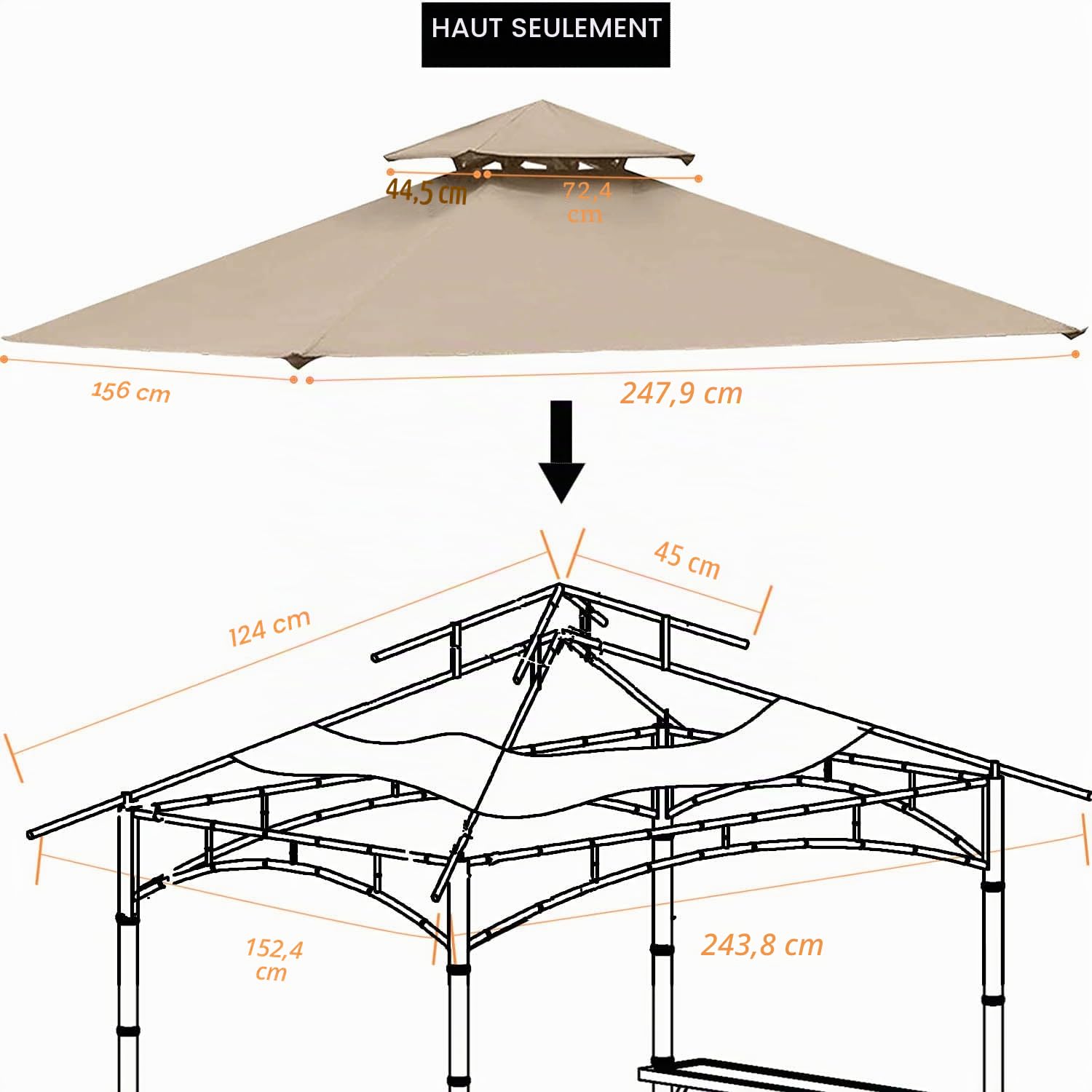 Ontheway Auvent de Rechange à Double étage pour tonnelle de Barbecue modèle L-GZ238PST-11 1,5 x 2,4 m