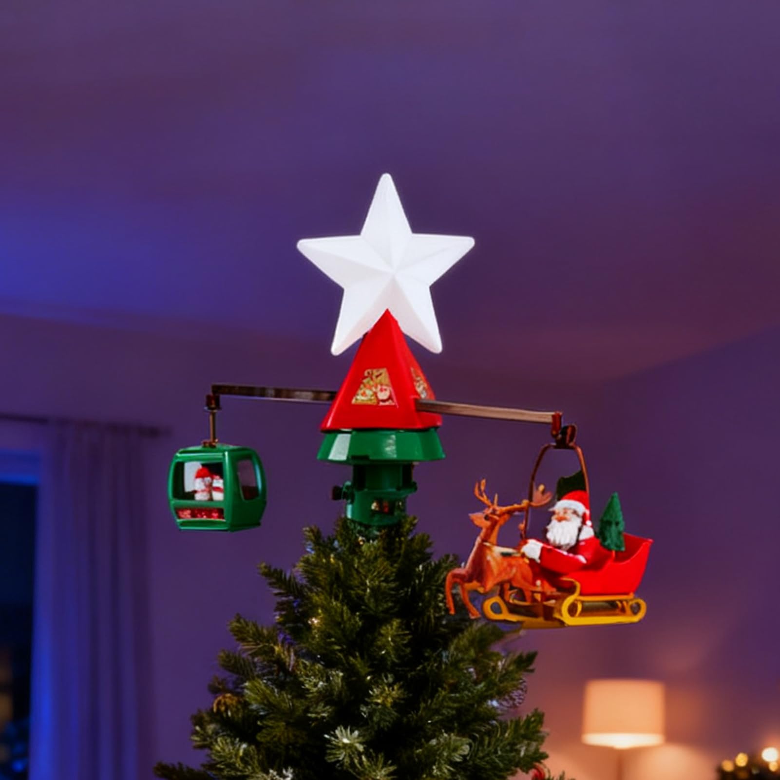 Giratorio para árbol de Navidad, Estrella iluminada alimentada por USB con Trineo de Papá Noel y muñecos de Nieve con Luces Musicales, decoración para árbol para casa de Vacaciones