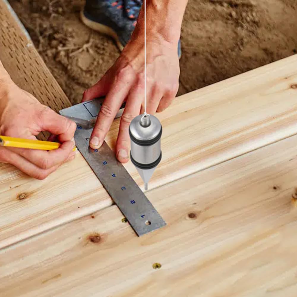 Hoteche Gran plomada avellanada 300 g A3 acero cromado 10 cm longitud 2,7 cm diámetro cabeza extensible 0,8 cm diámetro puntas 5 m cuerda ideal para alineación precisa y trabajos de construcción