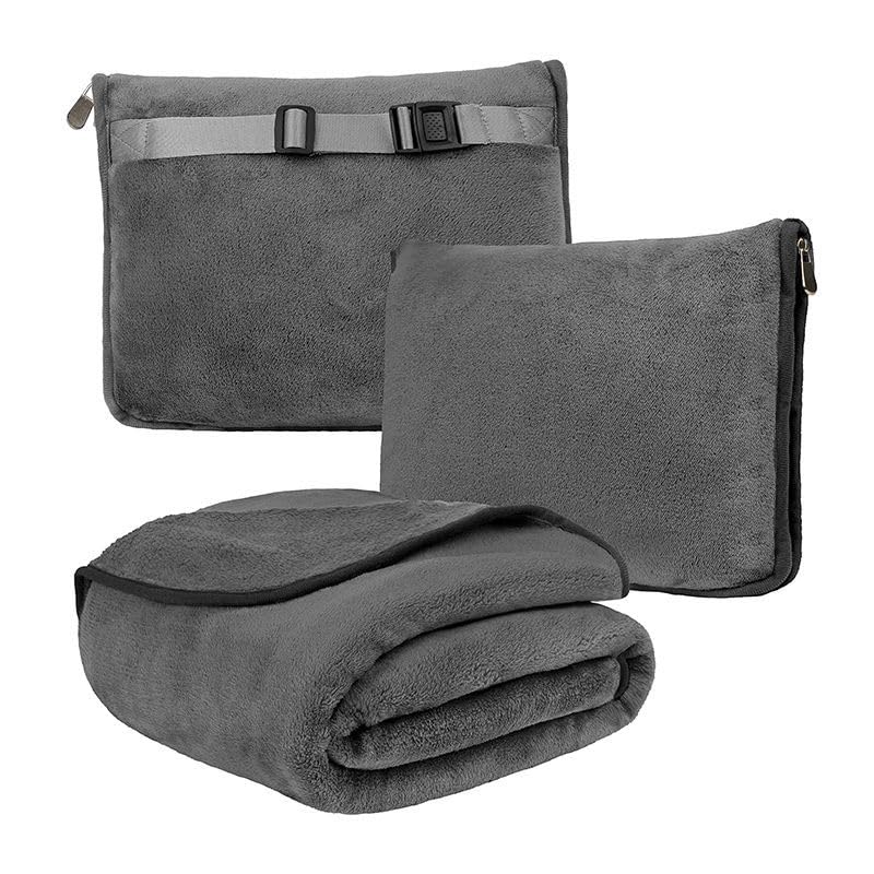 ALANX Travel Blanket Pillow Premium Soft 2 in 1 Airplane Blanket with Soft Bag Pillowcase Hand Luggage Sleeve and Backpack Clip for Travel Airplane Train and Car (Grey, 127 * 152CM)
