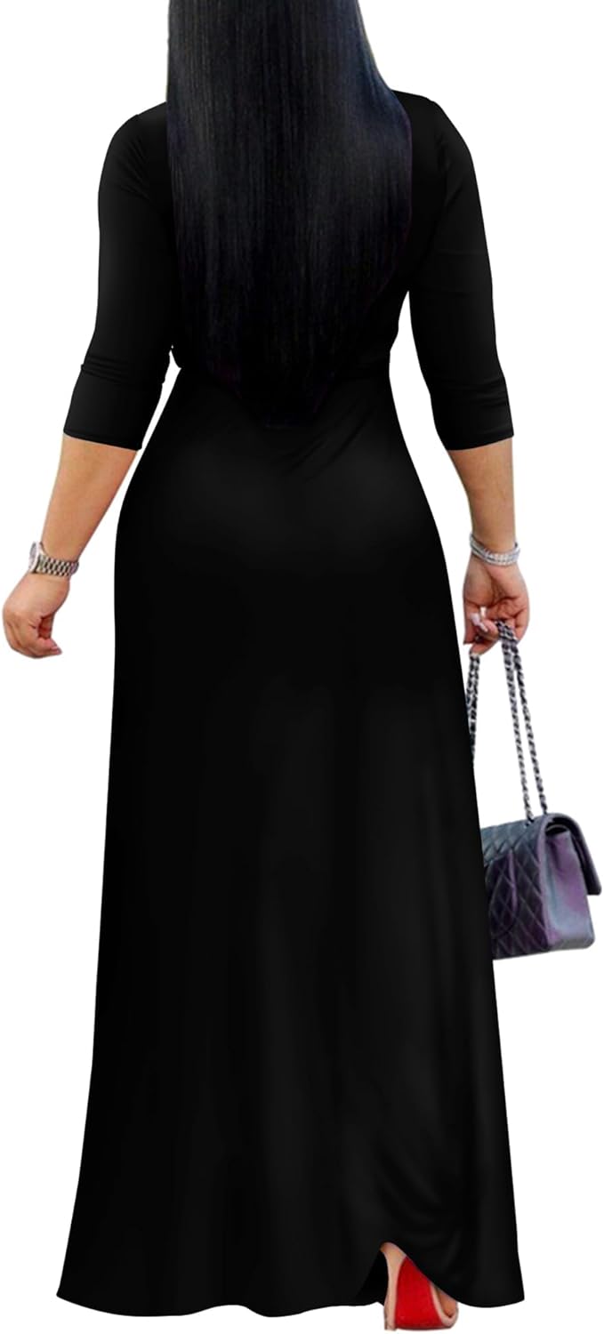 AOMONI Women's Floral Print Maxi Dresses Summer with Pockets Casual 3 4 Sleeve V-Neck Wrap Tie Waist Long Dress, M-3XL - Image 4