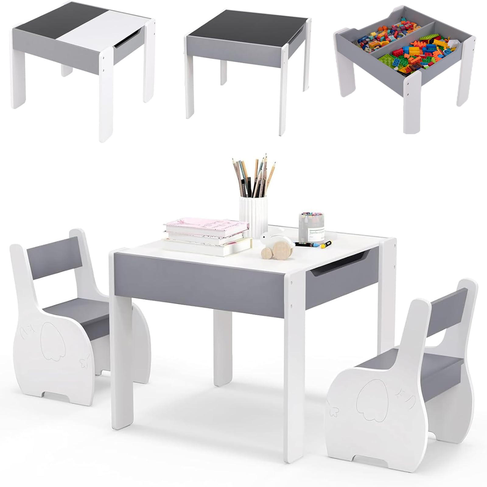 Costzon Kids Table and Chair Set, 4 in 1 Wooden Activity Table & 2 Chairs with Detachable Blackboard for Arts, Crafts, Drawing, Reading, Storage, 3 PCS Toddler Table and Chairs for Boys Girls (Gray)