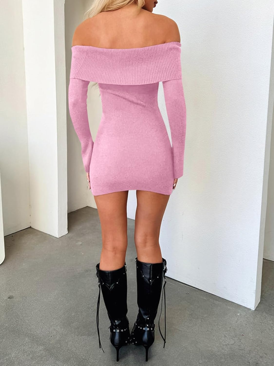 Wenrine Womens Off The Shoulder Sweater Dress Casual Ribbed Knit Long Sleeve Bodycon 2025 Fall Party Mini Dresses - Image 6