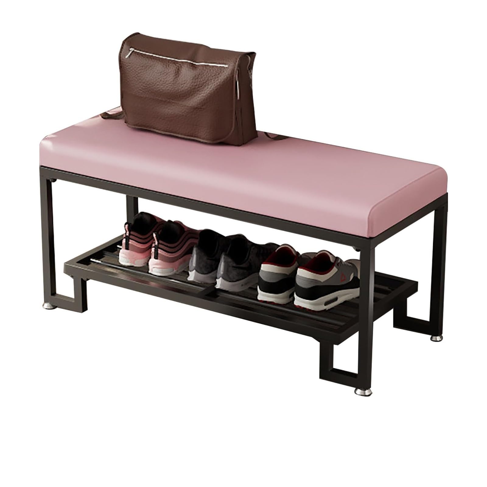 WJFTODAY Entryway Shoe Bench with Cushion 80cm Metal Upholstered Storage Rack Stylish for Living Room Hallway Balcony Pink with Black Legs
