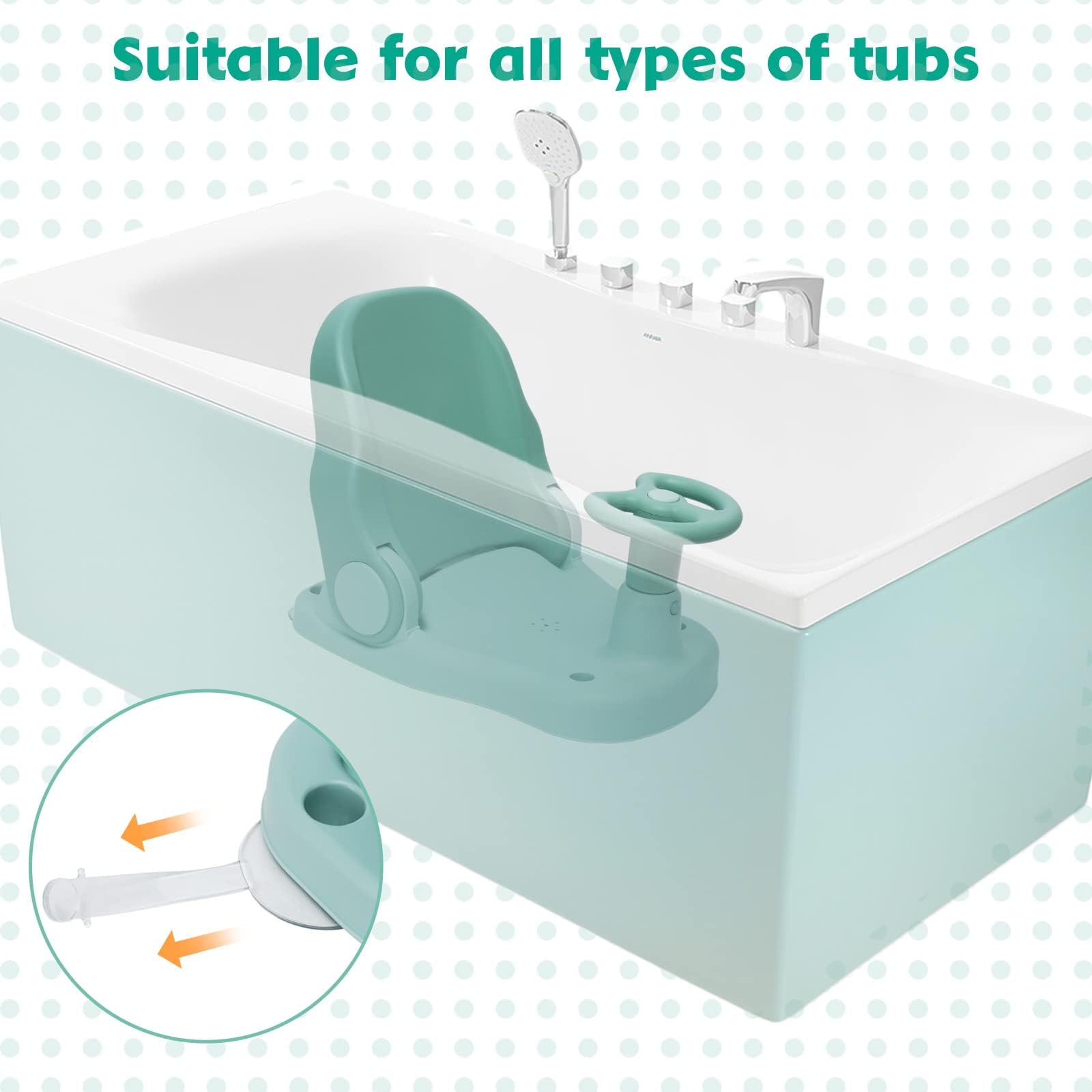 Siege de Bain pour Bebe de 6 à 24 Mois, Chaise de Bain avec Dossier Réglable et 4 Ventouses, Siege de Bain Pliable Antidérapant, Siege Baignoire Bebe, Ergonomique Siège de Douche pour Bébé