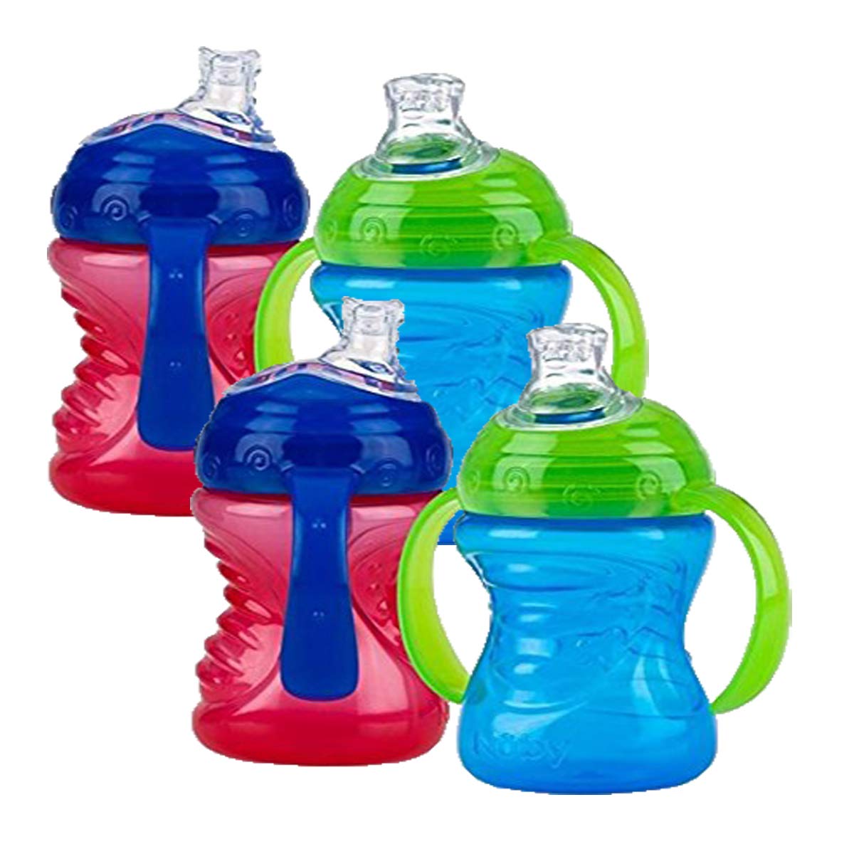 Nuby Taza de agarre y sorbo de dos asas antiderrames, 4 unidades (rojo/azul)