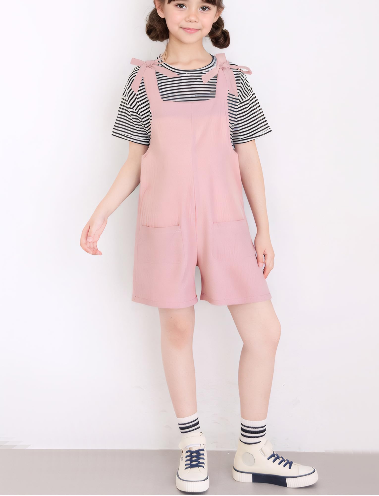 Happy Cherry Salopette Ragazze Tuta Pantaloncini Bretelle Regolabili Comodo Cotone Tuta Estiva Senza Maniche con Tasche Tinta Unita per Bambine 5-14 Anni