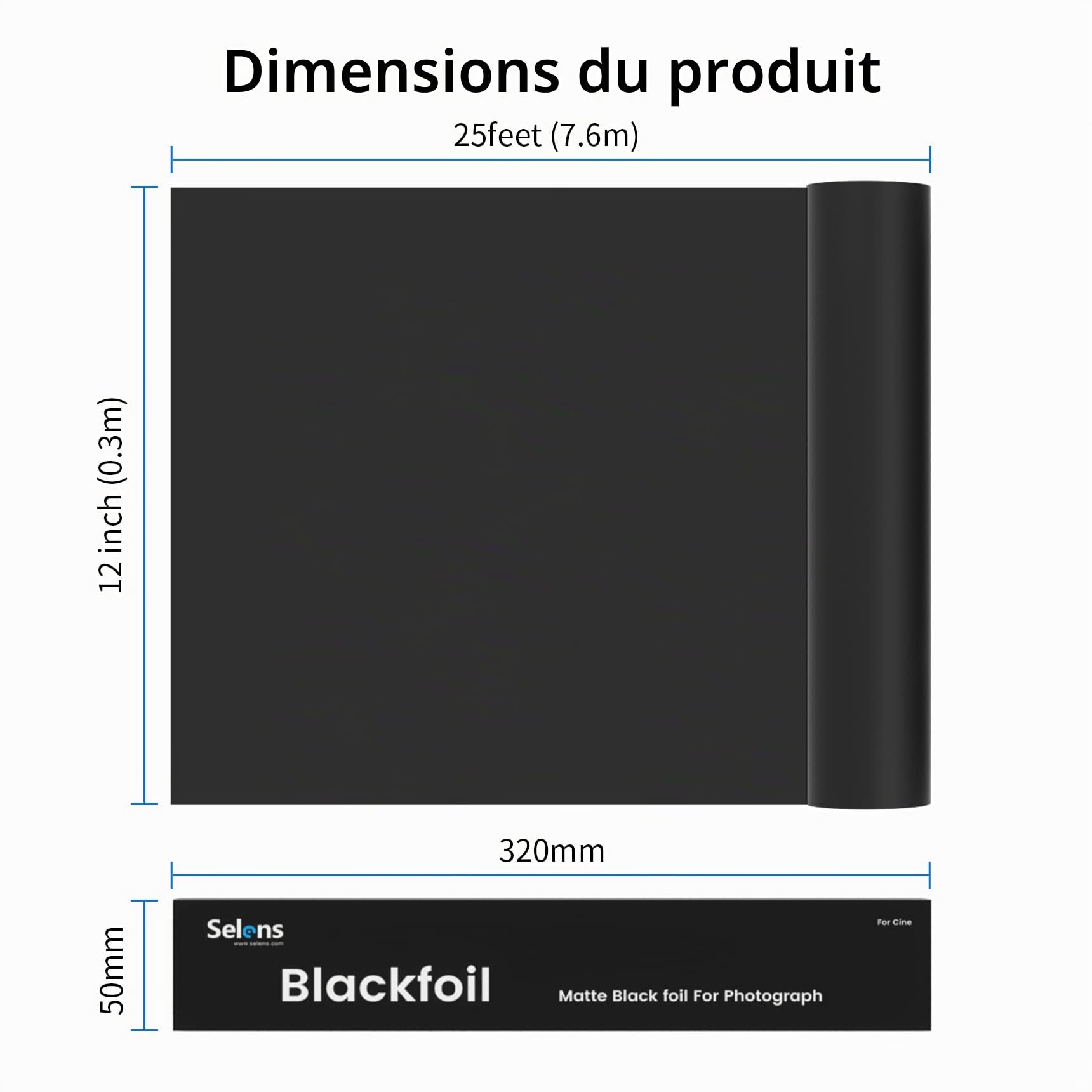 Selens Rouleau de film d'aluminium mat 30,48 cm x 7,62 m - Noir - Pour photographie - Pour masquer les fuites de lumière