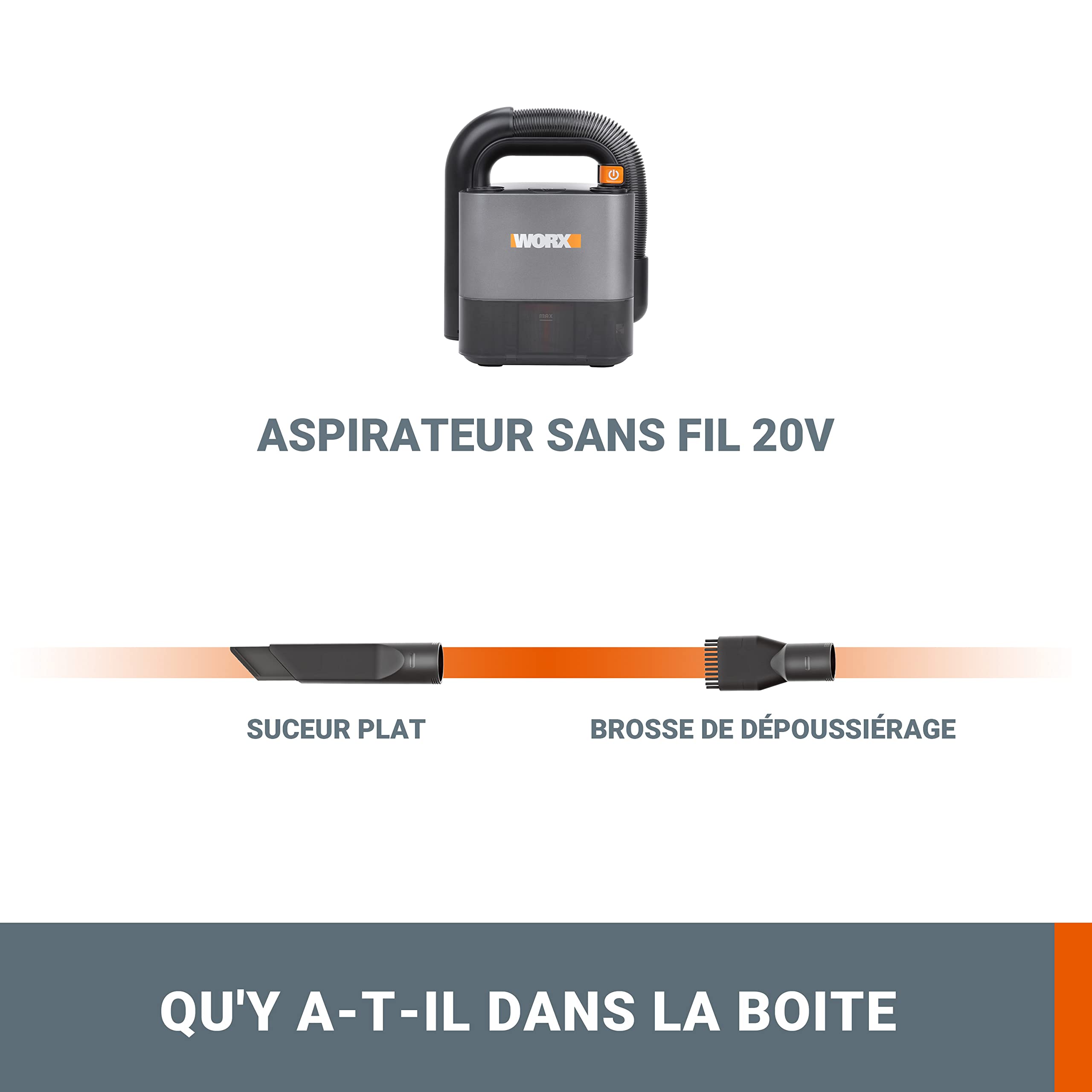 WORX WX030.9-Aspirador de coche 20V (S/Bat) Aspirateur de Voiture 20 V, Noir