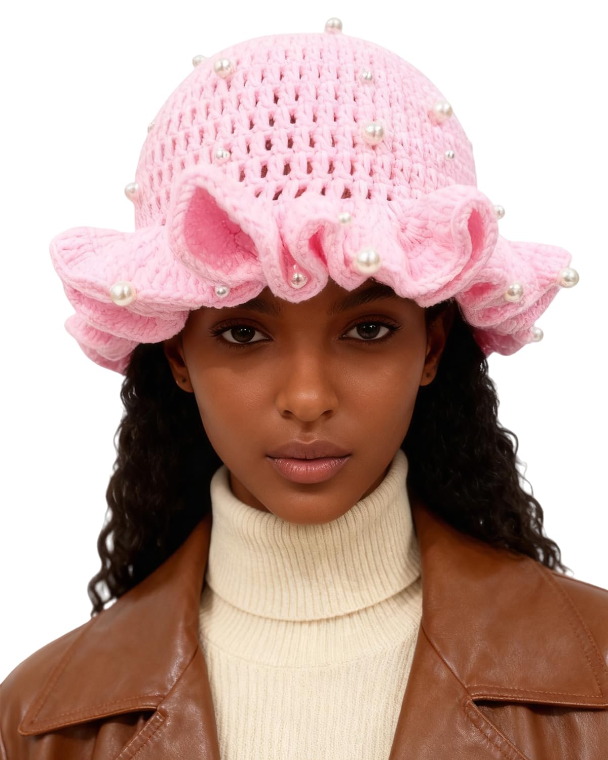 Women Crochet Bucket Hat Cute Winter Ruffled Brim Floppy Cap Handmade Knit Cloche Hats