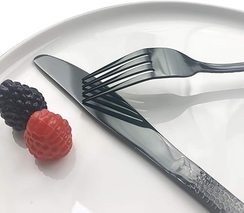 Miniatura 6 de JASHII Juego de cubiertos de 4 piezas de acero inoxidable negro forjado con mango martillado, servicio para 1 pulido de espejo, apto para