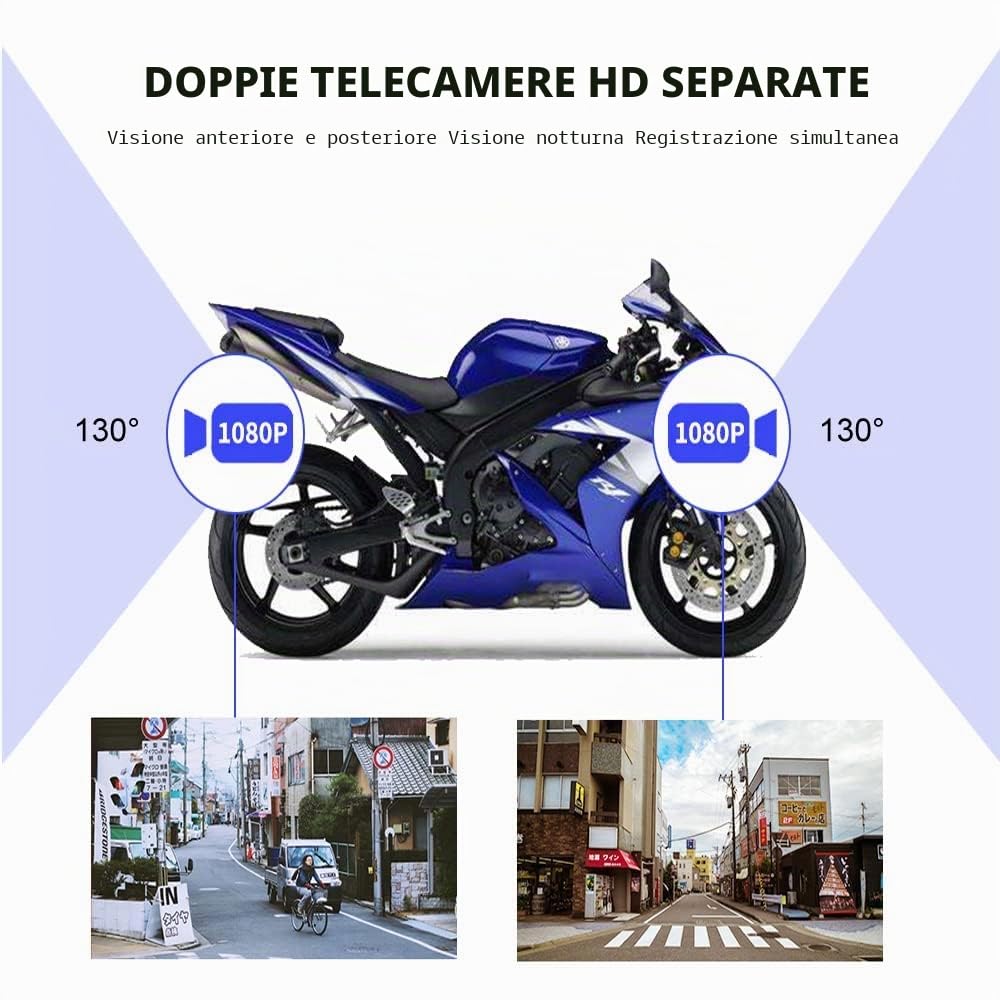 VSYSTO Moto Dash Caméra, WiFi HD 1080P vision nocturne starlight 130° grand angle avant et arrière caméra système DVR moto, Contrôle par câble, G-sensor, Enregistrement de cycle (D6L)