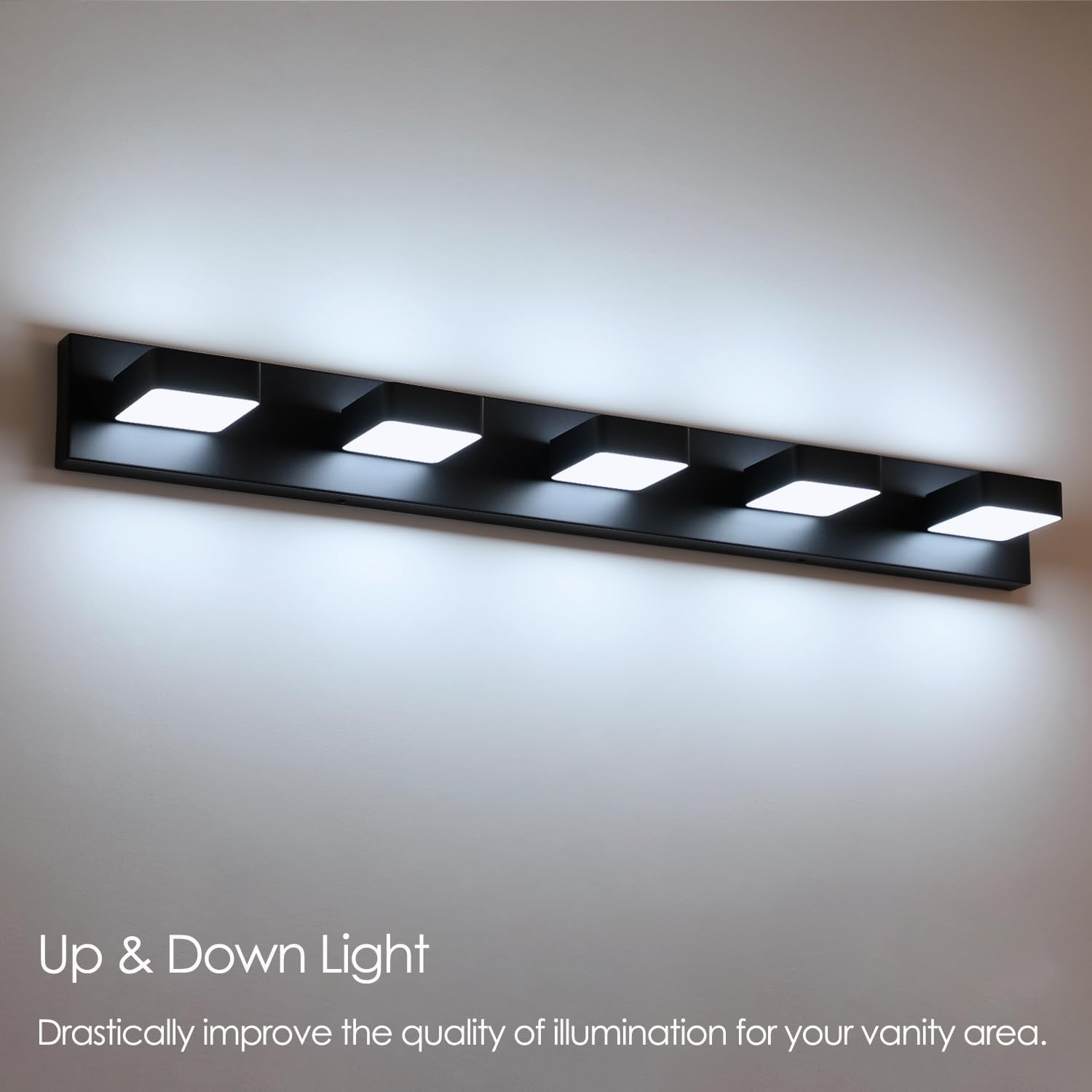 5-Light LED Modern Bathroom Vanity Light Fixtures (40-Inch, Cool White 6000K), Modern Acrylic Bathroom Wall Lighting Fixtures Over Mirror, Matte Black