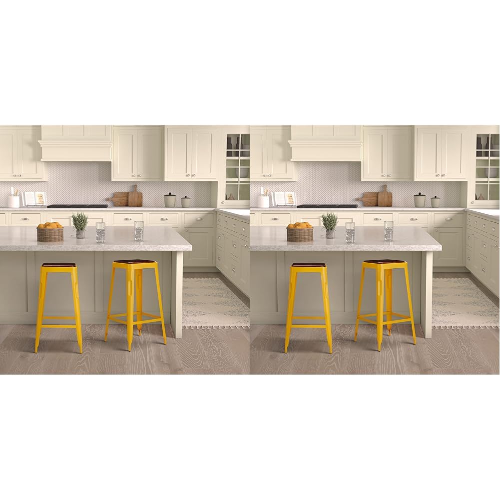 Amazon Brand - Solimo Demmitt Iron 1 Seater Stool with a Wooden Top (Yellow Finish) (Pack of 2)