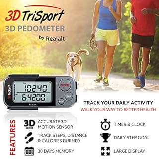 Realalt 3DTriSport 3D Walking Pedometer with Clip & Strap, Accurate Step Counter with 30-Day Memory, Distance in Miles/KM Large Display Perfect for Seniors & Beginners eBook Included - Grey/Black