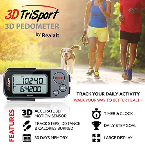Realalt FBA_4132958 3Dtrisport Walking 3D Pedometer With Clip And Strap, Free Ebook | 30 Days Memory, Accurate Step Counter thumb #1