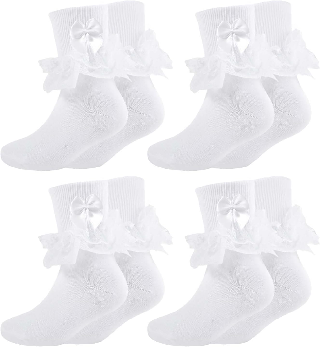 Girls Ruffle Socks Bow - 4 Pairs White Frilly Lace Cuff for Uniforms