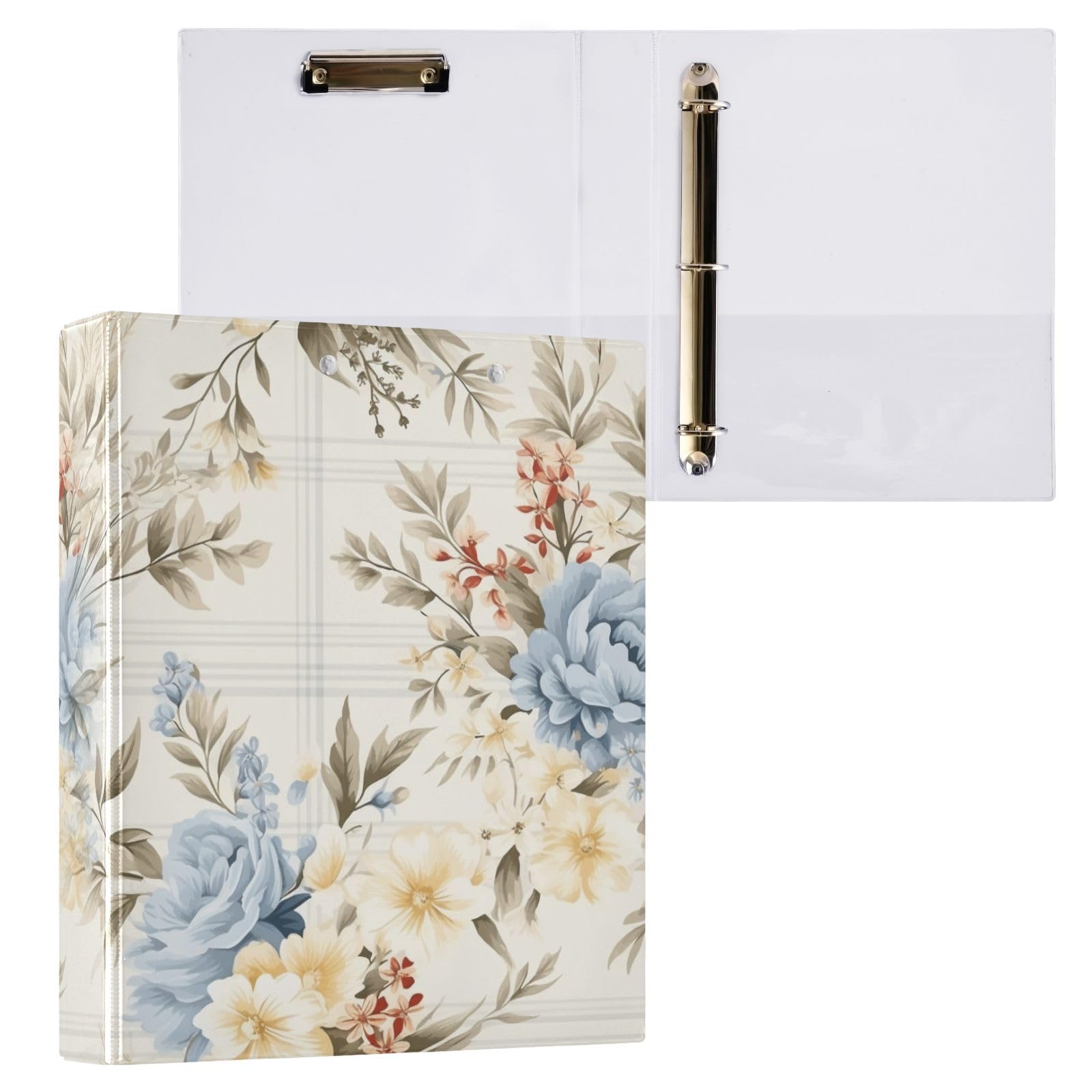 Classeur à 3 anneaux avec motif floral bleu à ressort de 3,8 cm - Anneaux ronds pouvant contenir 200 feuilles - Classeur à 3 anneaux avec clip en métal antidérapant