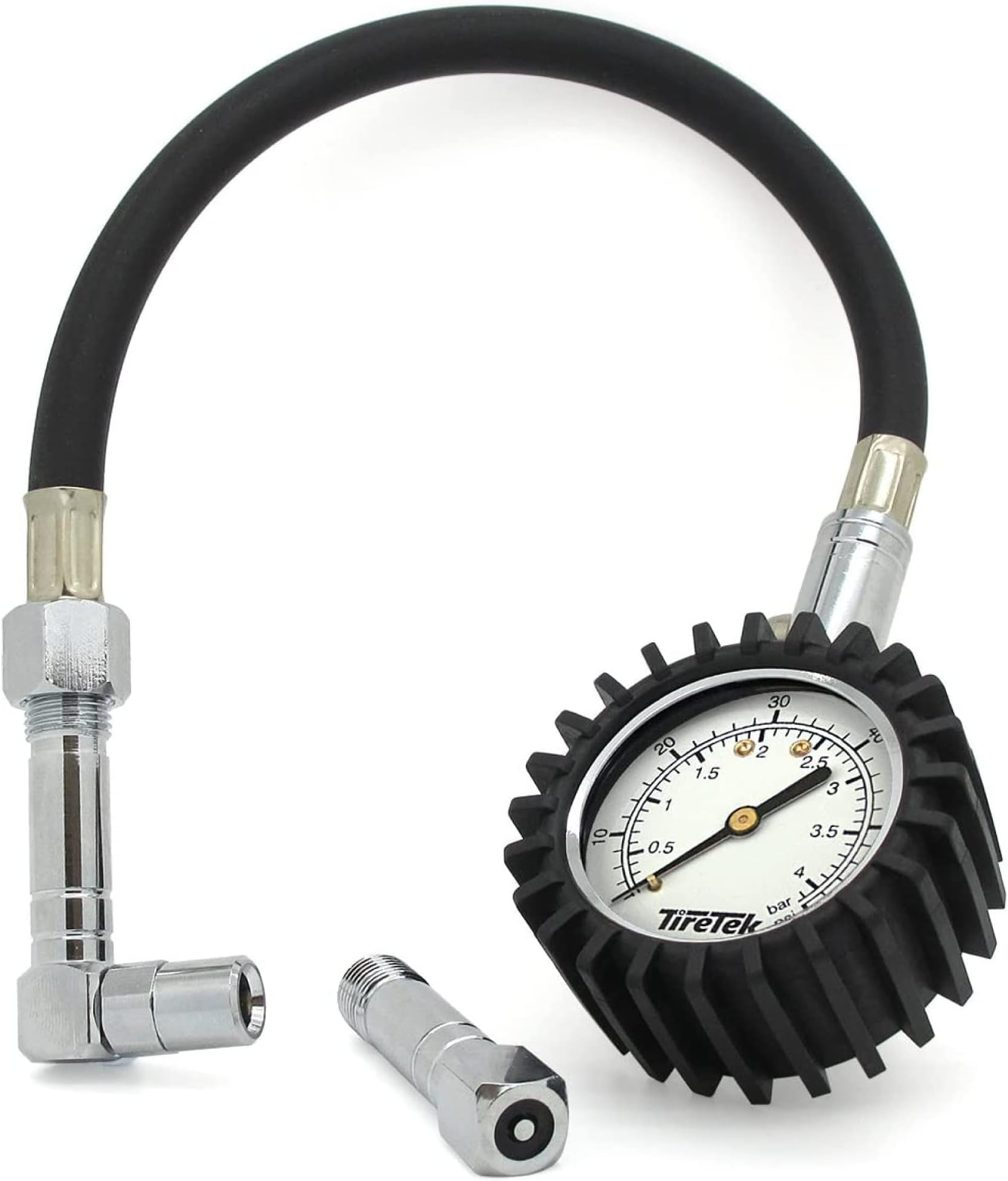 TireTek Analog Tyre Pressure Gauge (0-60 PSI/ 4 Bar) - Accurate Tire Pressure Gauge with 360° Rotating Head Heavy Duty for Cars, SUV & Bikes includes Flexible Air Hose, Straight & Right-Angled Chucks