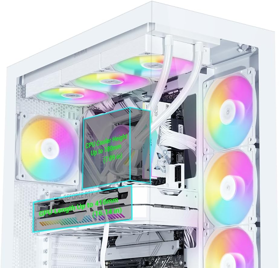 פְּנִימִי view of the SAMA V50 case indicating CPU cooler height clearance (up to 180mm) and GPU length support (up to 410mm).