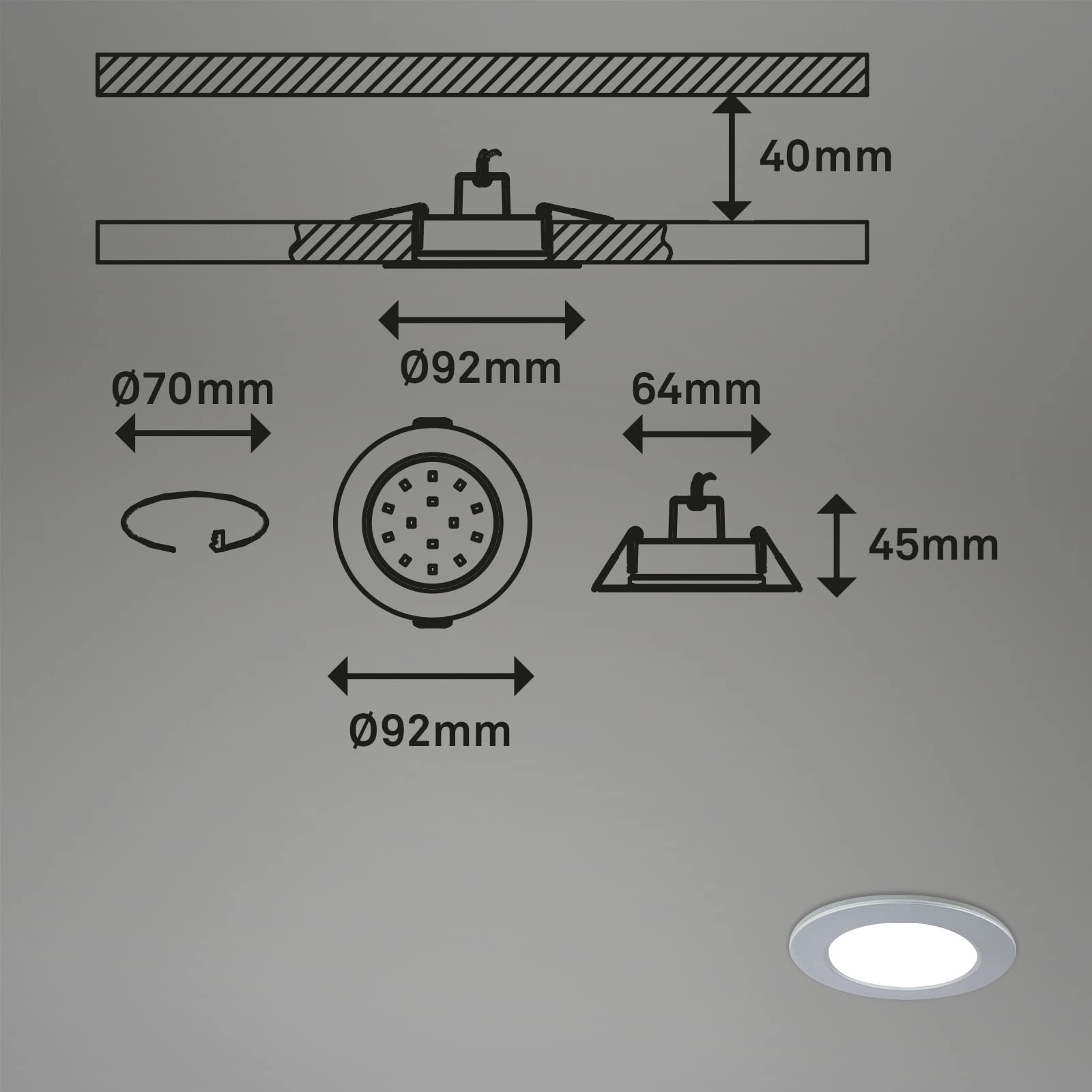 BRILONER - Juego de 3 focos empotrables de LED en el techo, focos empotrables de LED en el baño, focos empotrables en el baño IP44, cromo mate, 92x45 (DxH)