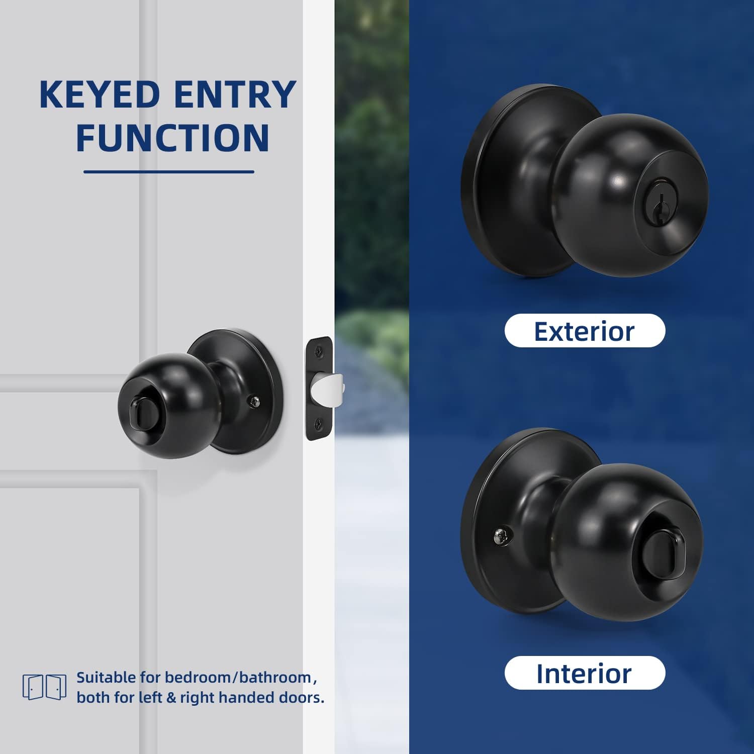 Ball Door Knob Entry Function, Keyed Entry Door Knob with Lock, Round Ball Handle for Front Door Right and Left Side, Matte Black,1 Pack