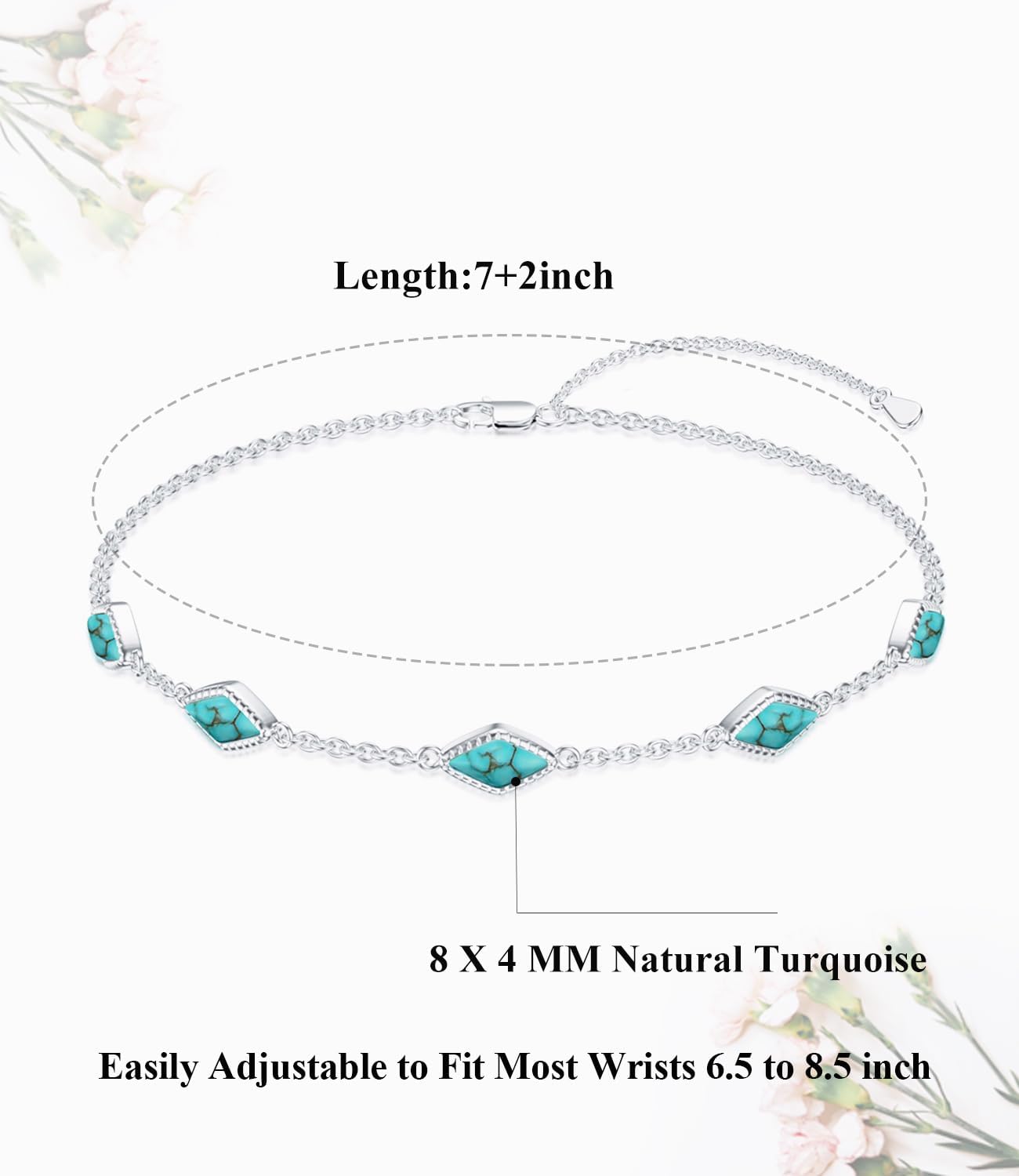 Genuine Turquoise Tennis Bracelet for Women 925 Sterling Silver Bead Chain with Green Stone December Birthstone Jewelry for Her