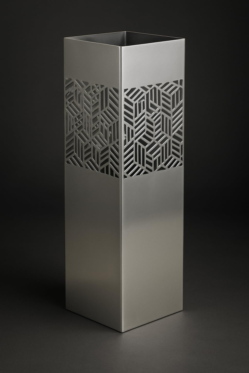 Paragüero cuadrado plateado diseño cubos con gancho para paraguas pequeños 15,5x15,5x49 cm
