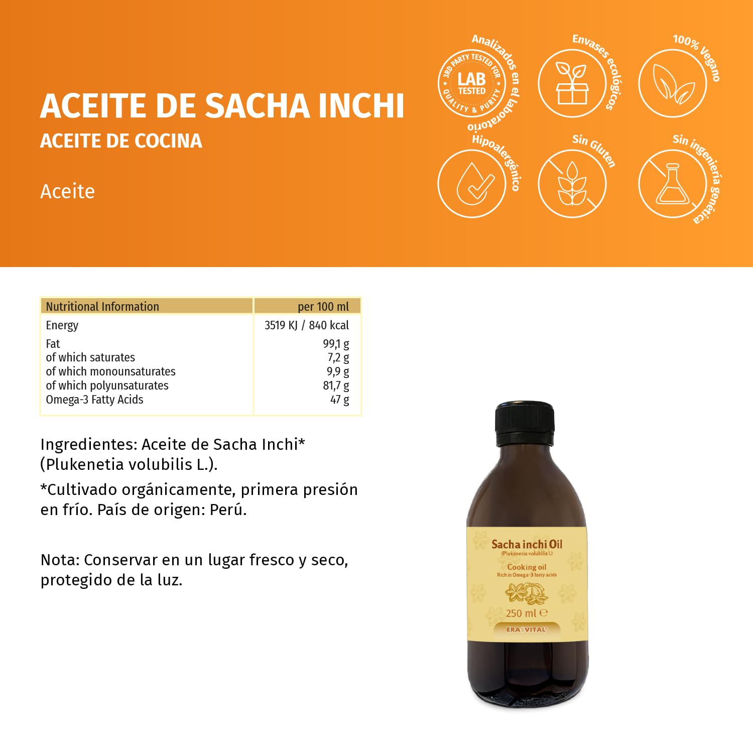 Sacha Inchi Öl 500 ml Inka Nuss Öl Plukenetia volubilis l. erste Kaltpressung. Herkunftsland: Peru. (500 ml (1 er Pack))