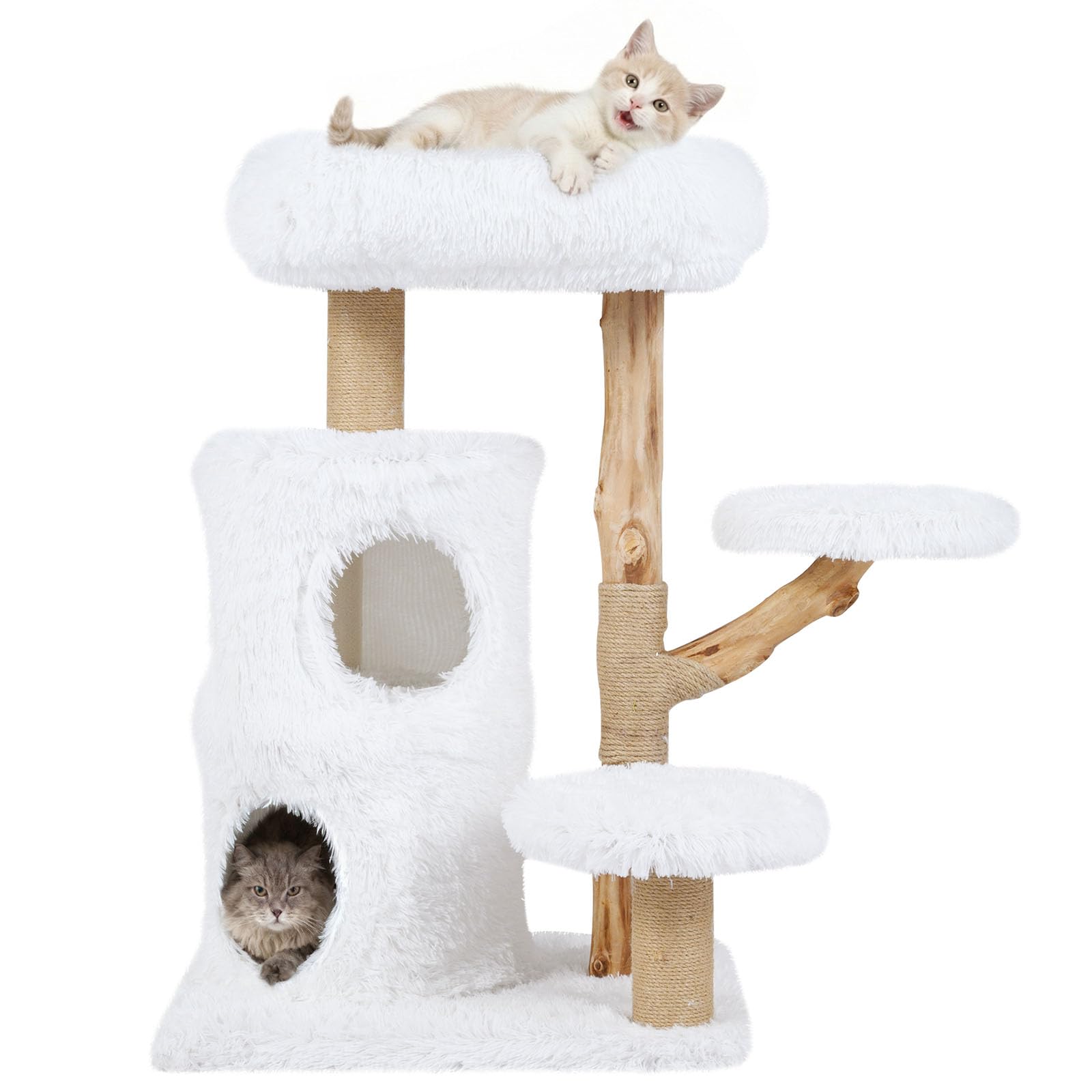 COSTWAY Arbre a Chat Bois de Poirier 93 cm, Condo à 2 Niveaux, 3 Poteaux à Griffer en Jute, 4 Plateformes, Arbre à Chat Maine Coon, Base Épaisse à 2 Couches, Cushion Amovible (93 cm,Blanc+Naturel)