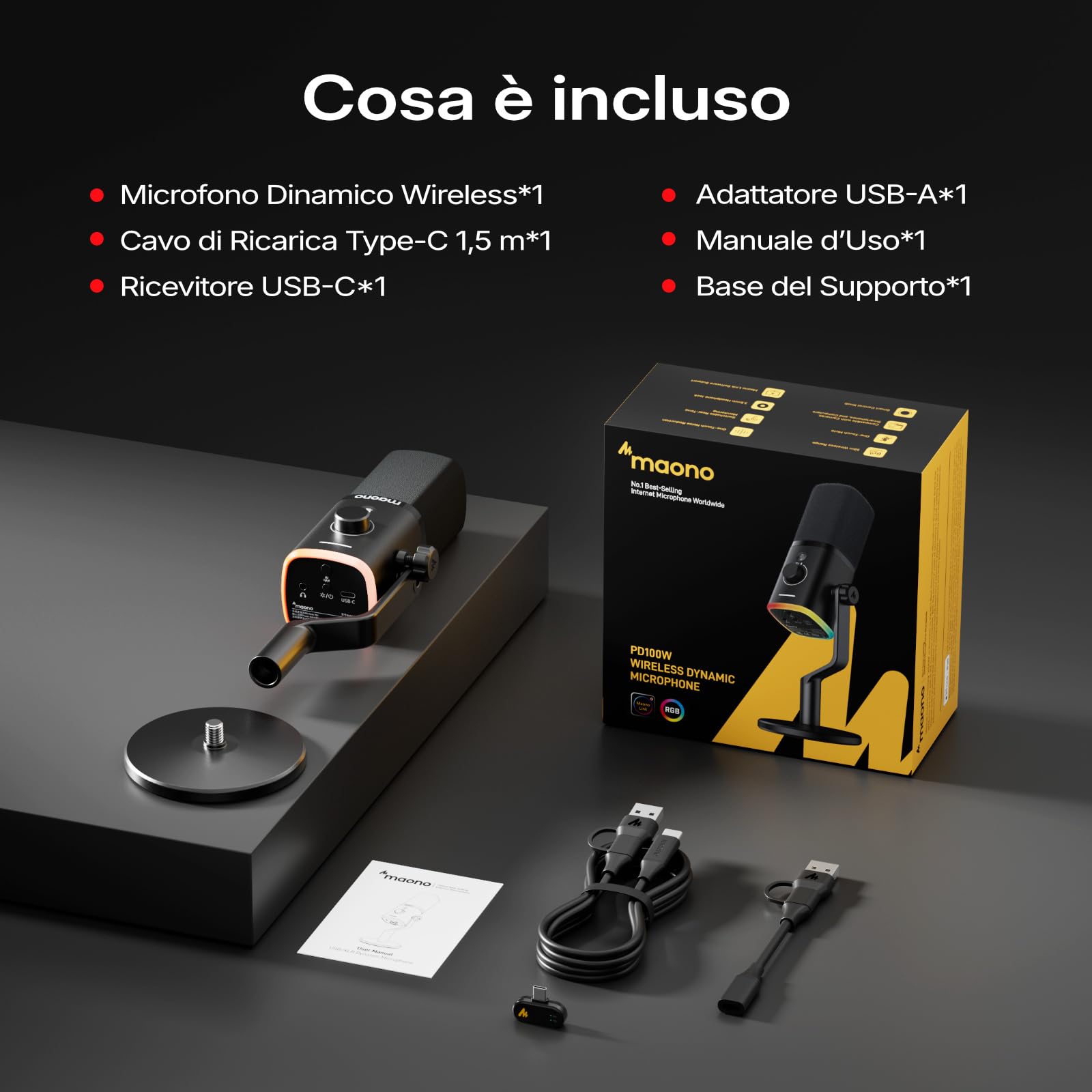 MAONO PD100W Microfono Gaming Wireless, Microfono Dinamico 2.4GHz & USB con Cancellazione del Rumore per Streaming, Registrazione & Creazione di Contenuti, Compatibile con PC, PS4/PS5 & Smartphone