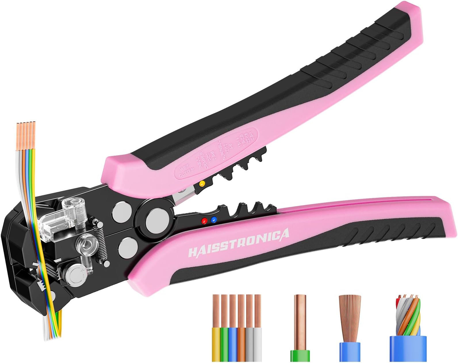 haisstronica Self-Adjusting Wire Stripper, Pink 3 In 1 Stripper/Cutter/Crimping Heavy Duty Automatic Electrical Wire Strippers for 10-24 AWG Stranded, Solid,Landscape Etc