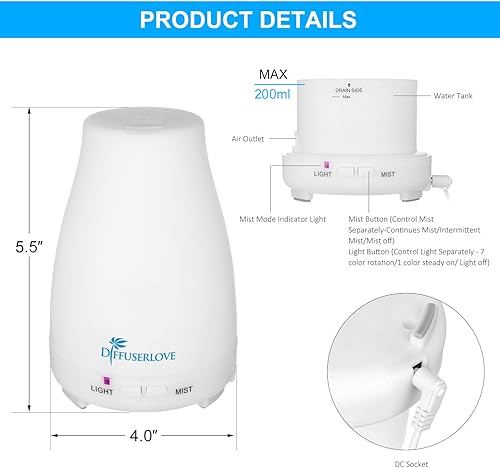 Vista 7 de Diffuserlove Diffuser 2 Pack Essential Oil Diffuser 200ML Remote Control Ultrasonic Aromatherapy Diffuser Mist Humidifiers for Bedroom Office Yoga