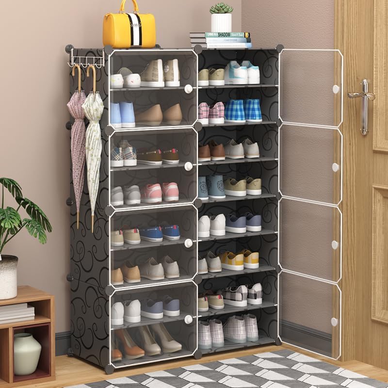 Image of Sunderlook Shoe Rack Plastic for Home- Slipper Stand, Professional Shoe Stand, Chappal Stand, Multipurpose Foldable Standing Comfort Runner Shoe Rack with Door (Black, 16 Shelf 8 Door)