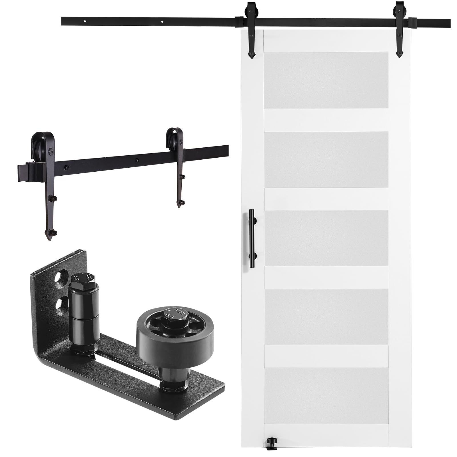 VEVOR Kit de Herrajes y Puerta de Granero Puerta Corrediza de Vidrio de 762 x 2134 mm Puerta de Granero con Guía de Piso 8 en 1, Manija de Puerta, Paneles de Madera de Abeto y Vidrio Esmerilado