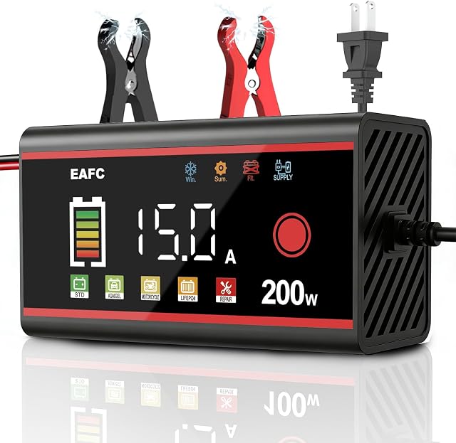 200W 15Amp Car Battery Charger, 12V Smart Battery Fast Charger for Car/Truck/Motorcycle Gel, AGM, Wet, SLA, EFB, LiFePO4, etc. with Pulse Repair Mode,Short-Circuit Protection, LCD Color Display