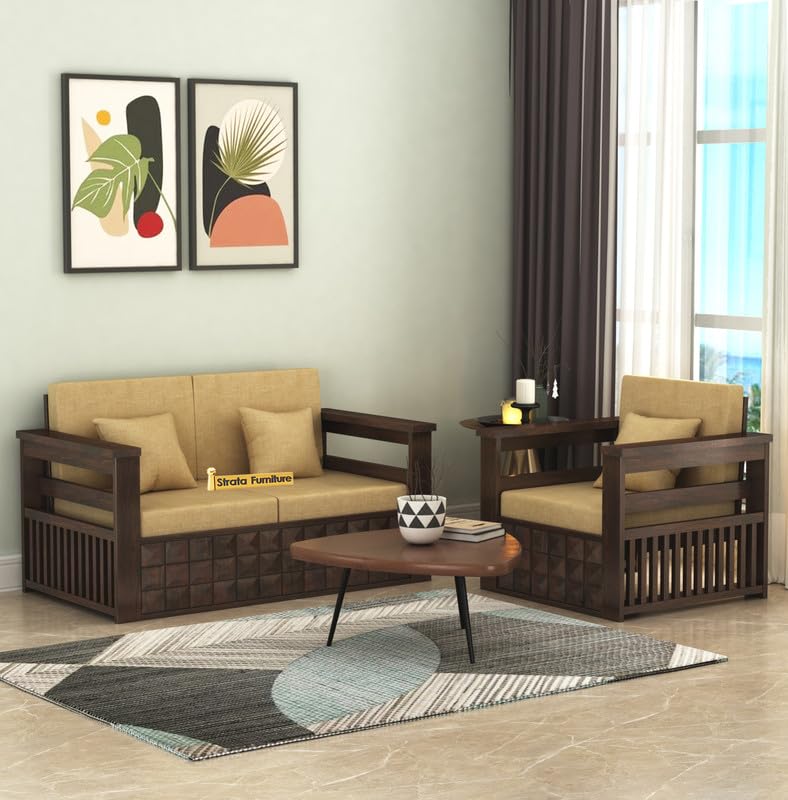 STRATA FURNITURE Sheesham Wood 3 Seater Sofa Set for Living Room Home Office Solid Wooden 2+1 Seater Sofa Set Furniture (Walnut Finish)