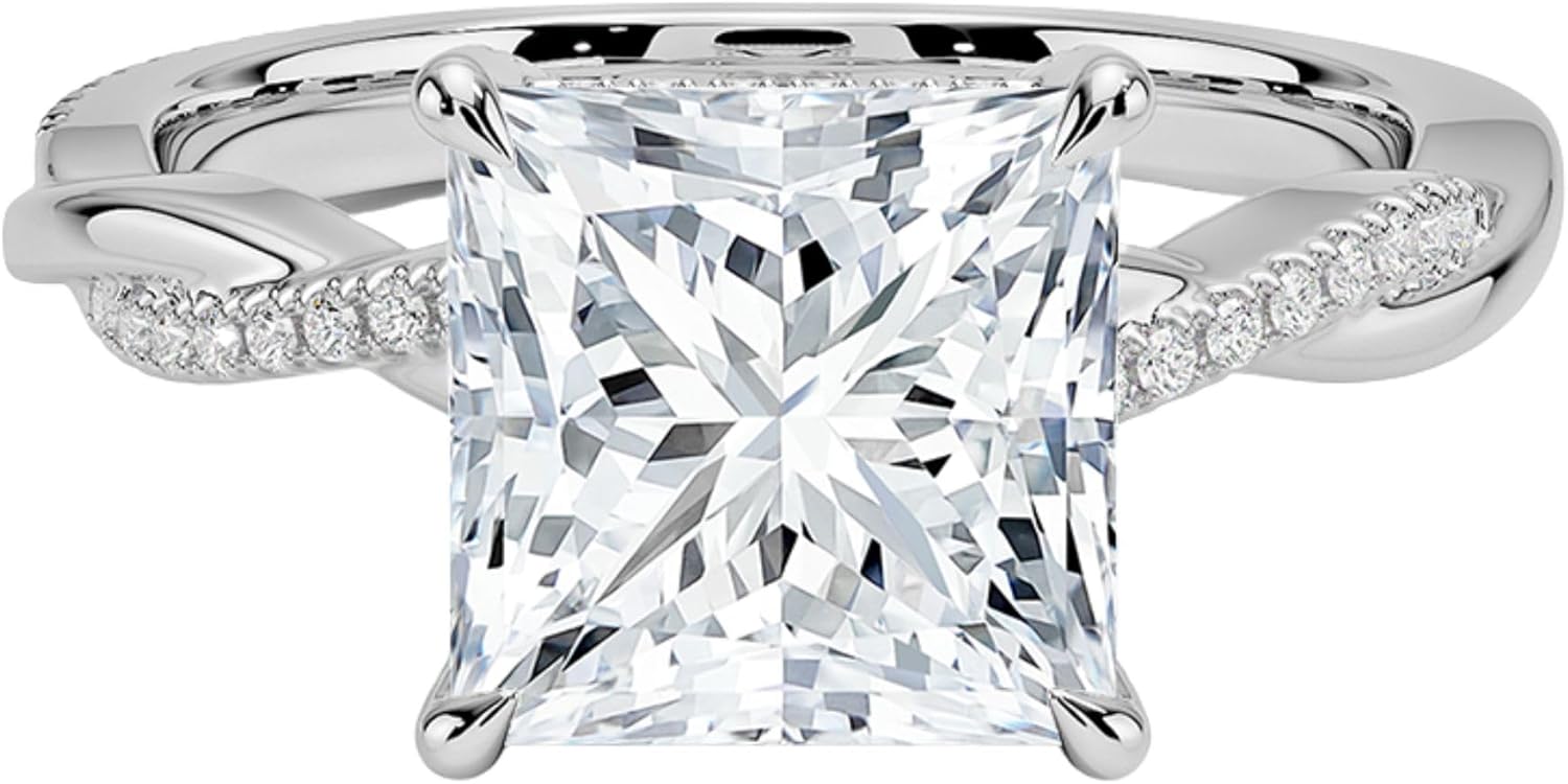 DAJEWELS 1 to 5 CT Princess Cut Moissanite Engagement Ring for Women Twisted Vine Hidden Halo Design Handmade Wedding Ring Promise Ring in 925 Silver 10K 14K 18K Gold Custom Jewelry Gift