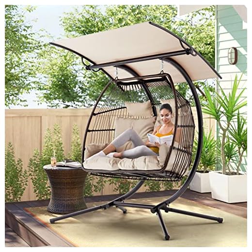 YOLENY Double Egg Chair with Stand, Foldable Hanging Chair, Hammock Chair with Cushion and Awning, Basket Hammock Nest Chair, Swinging Loveseat for Indoor Outdoor Patio, Balcony, Garden