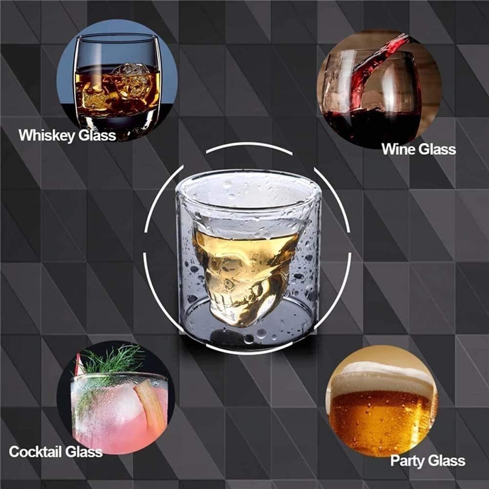 Estante para vino Decantador de whisky Cráneo Vino Whisky Juego de vasos de vodka Decantador de vino y juego de vasos con diseño de doble pared con tapón con 6 vasos de whisky de 75 ml para bar de f