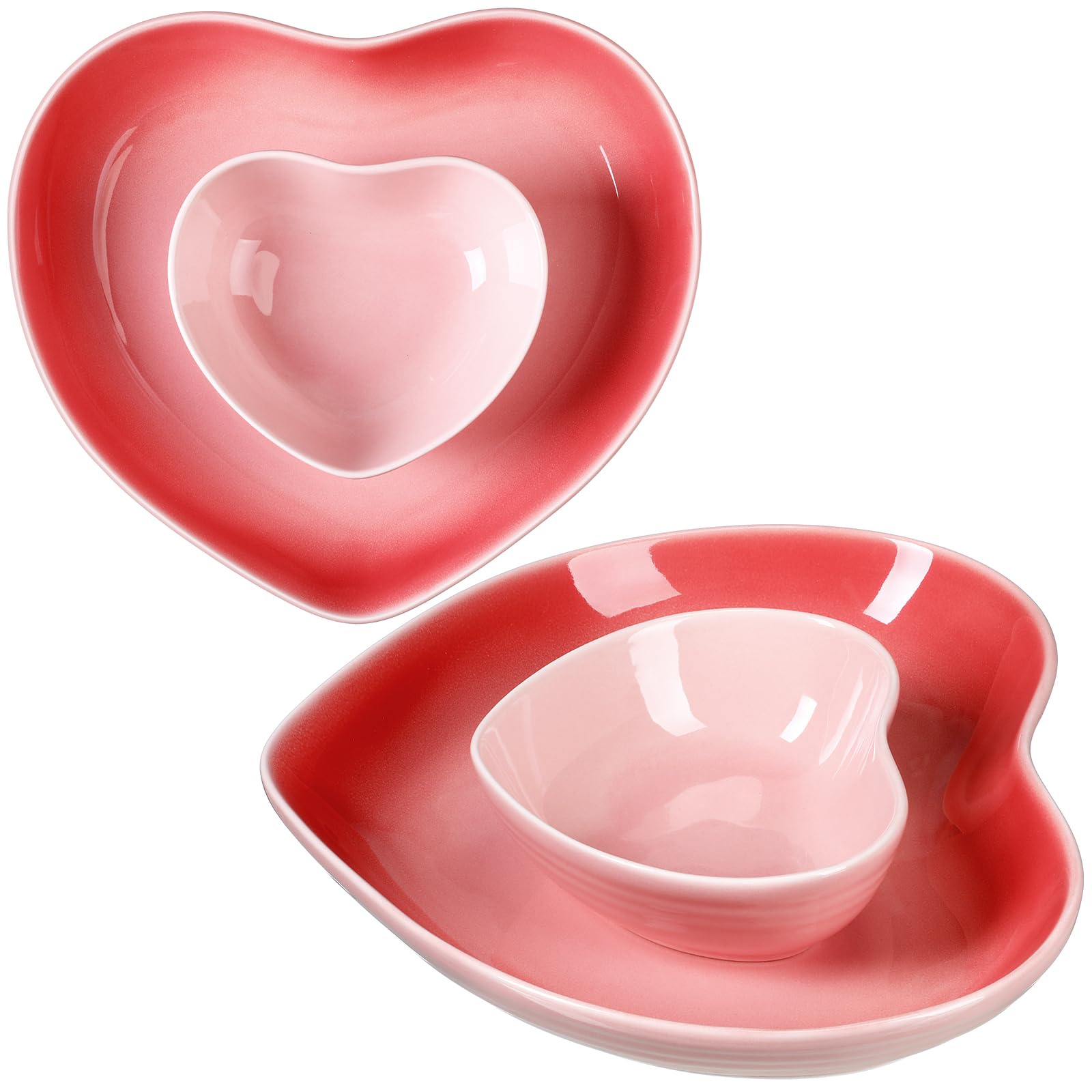 Tioncy 2 Set Heart Shaped Ceramic Dinnerware: Bowls & Plates for Valentine, Wedding, Anniversary; Pink, Romantic Style; Dishwasher, Microwave Safe