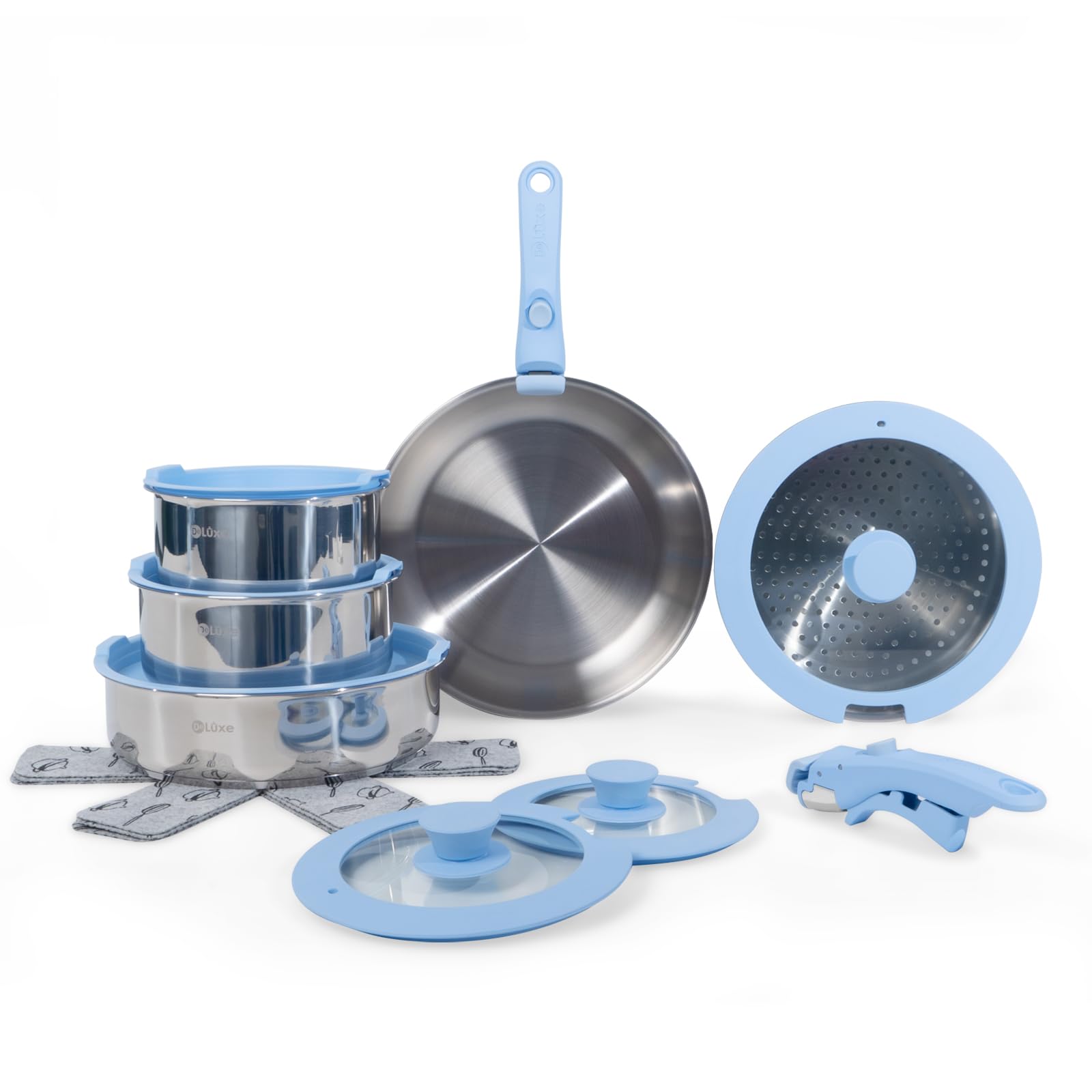 DELUXE Pots and Pans Set Removable Handle, 16 Piece Detachable Stainless Steel Cookware Sets Include Saucepans Skillet Sautepan Steamer for All Stoves, Suit for Kitchen Restaurant Rv Cooking